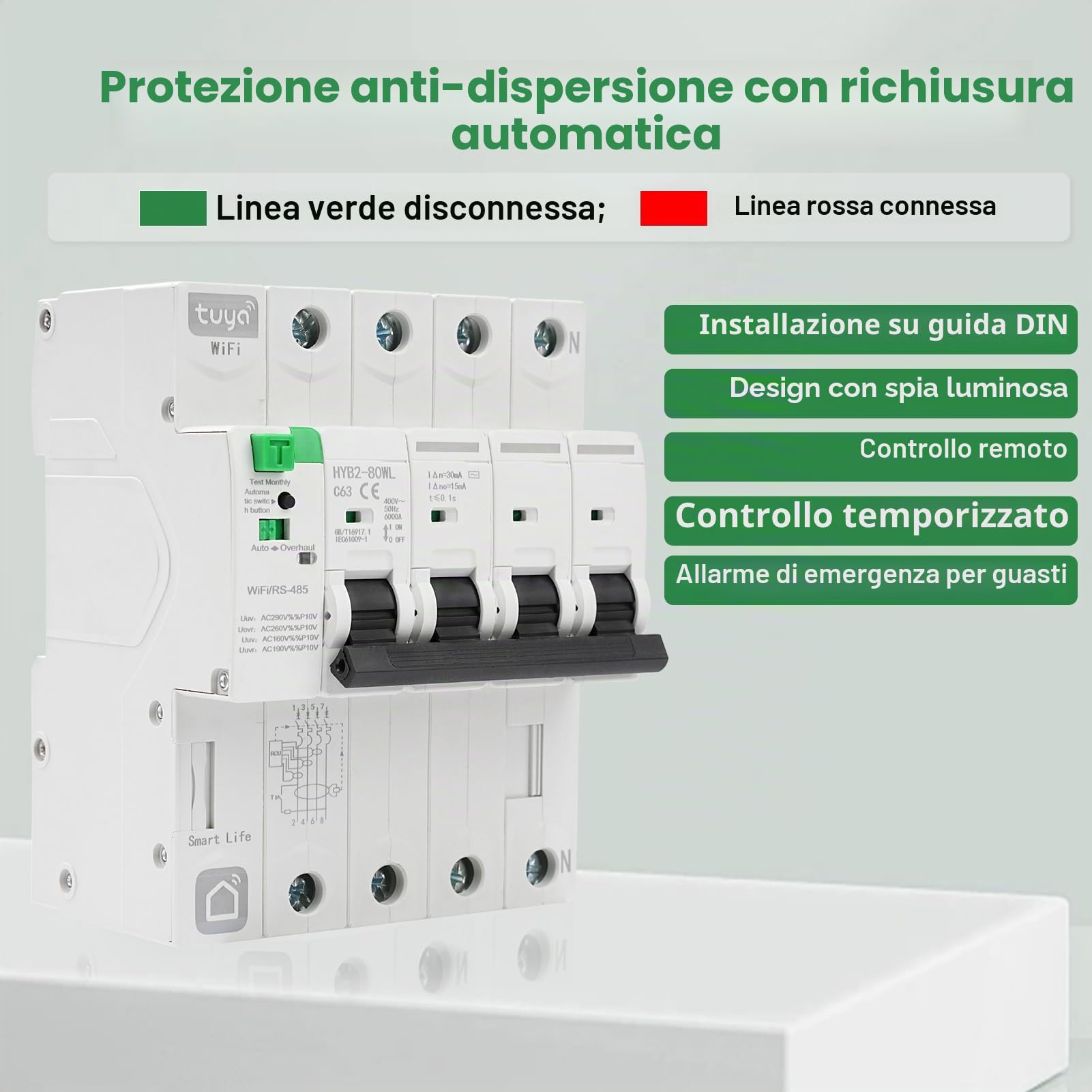 Interruttore magnetotermico differenziale wifi Salvavita 63A 4P 30ma tuya/Smart Life APP Recovery Reclosing Protezione dalle perdite richiudibile Protezione dalle perdite per sottotensione.