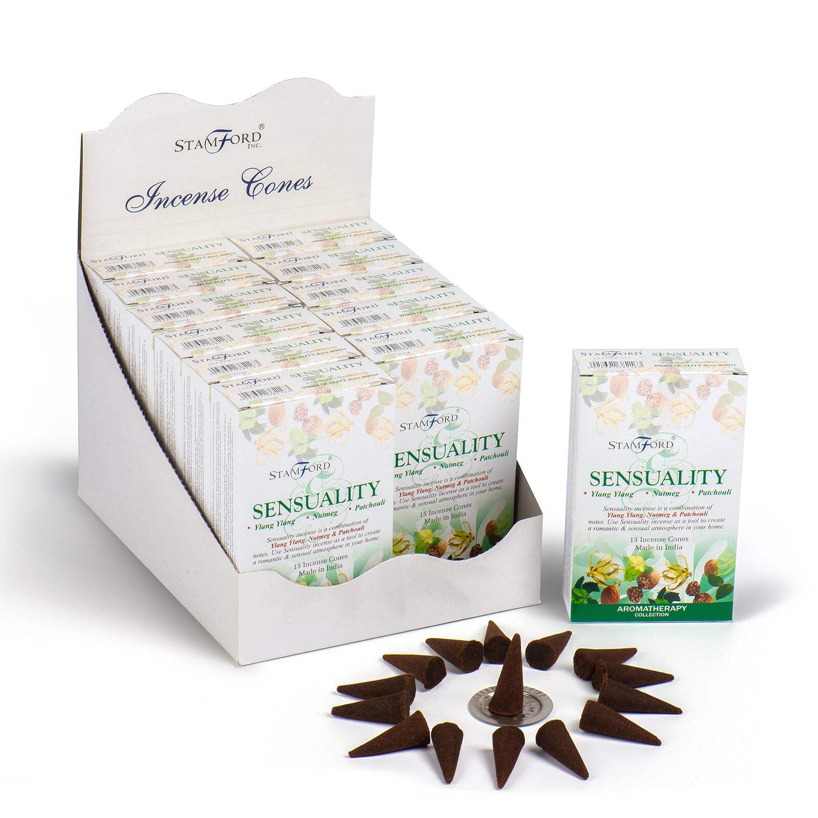 Sensuality Incense Cones with Ylang Ylang, Nutmeg & Patchouli – Aromatherapy Blend for Relaxation & Home Fragrance – 12 Pack with Incense Holder Included