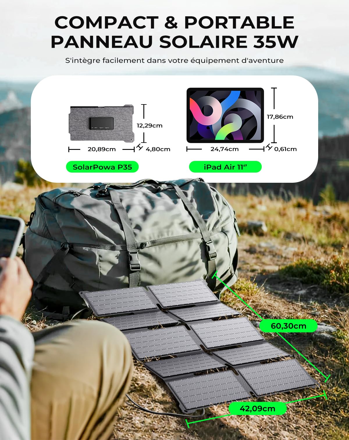 BigBlue Chargeur Solaire Portable 35W avec Charge Rapide USB-A et PD 25W USB-C pour Le Camping et Le Randonnée, 0,7kg, Étanche IP68, Chargeur Solaire Pliable pour iPhone/Android, iPad, Powerbank
