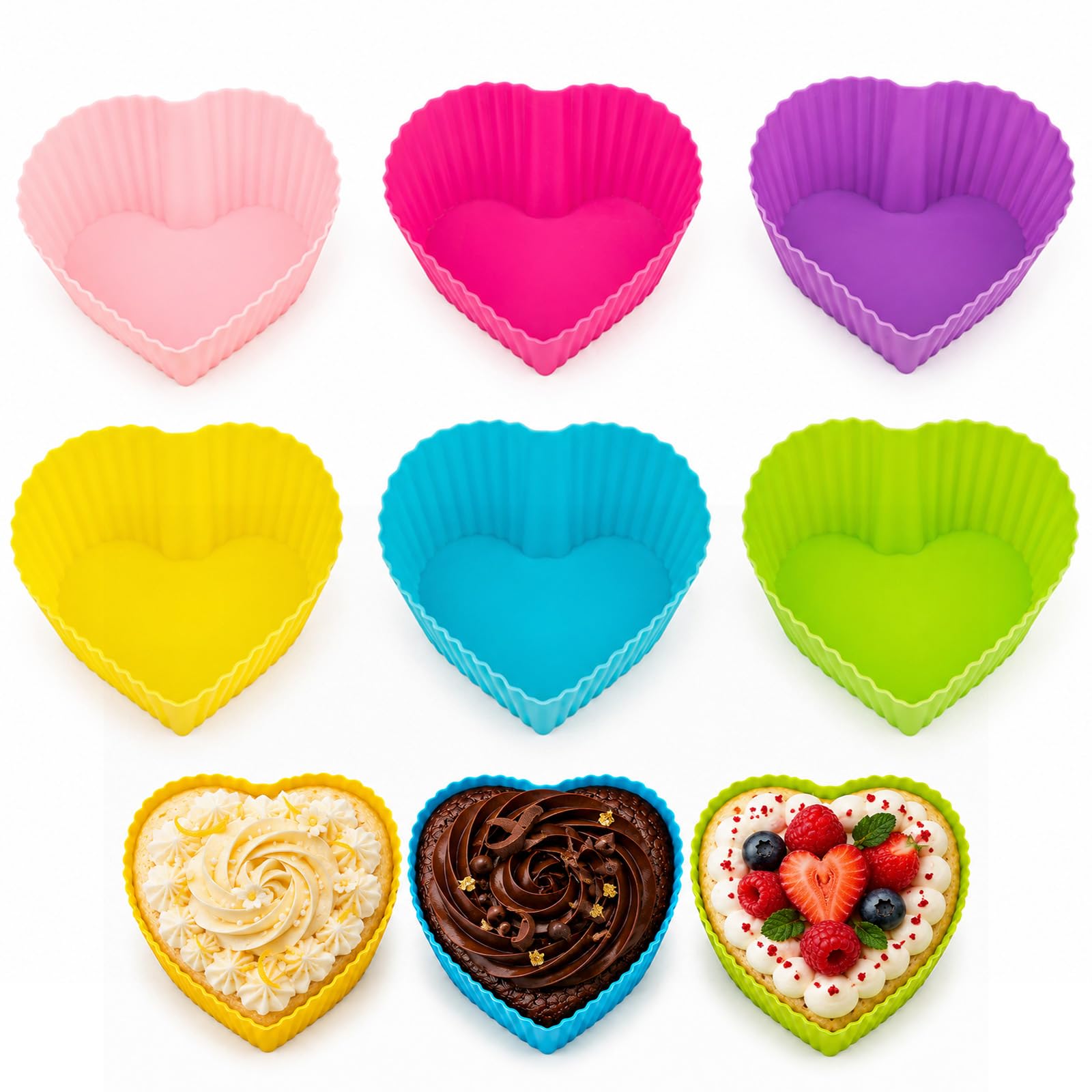 Cupcake Cases, Heart Shaped Silicone Baking Cups Pack of 6 - Non-Stick, Reusable, Heat-Resistant Baking Cases for Cupcake, Muffin and Desserts, Multicolor