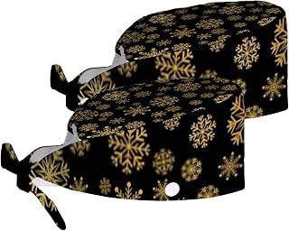 Women Adjustable Working Cap Set 2 with Buttons and Sweatband Christmas Golden Snowflake with Black Bandage Cap Work Hats Set for Men Caps Tie Back Hats Long Hair