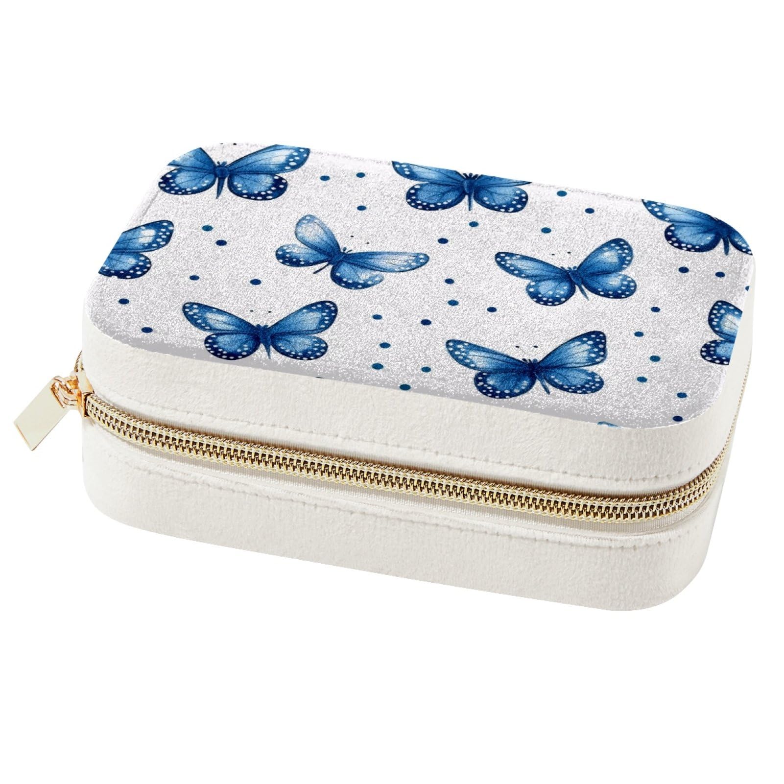 Boîte à bijoux portable à pois bleus pour bagues et colliers