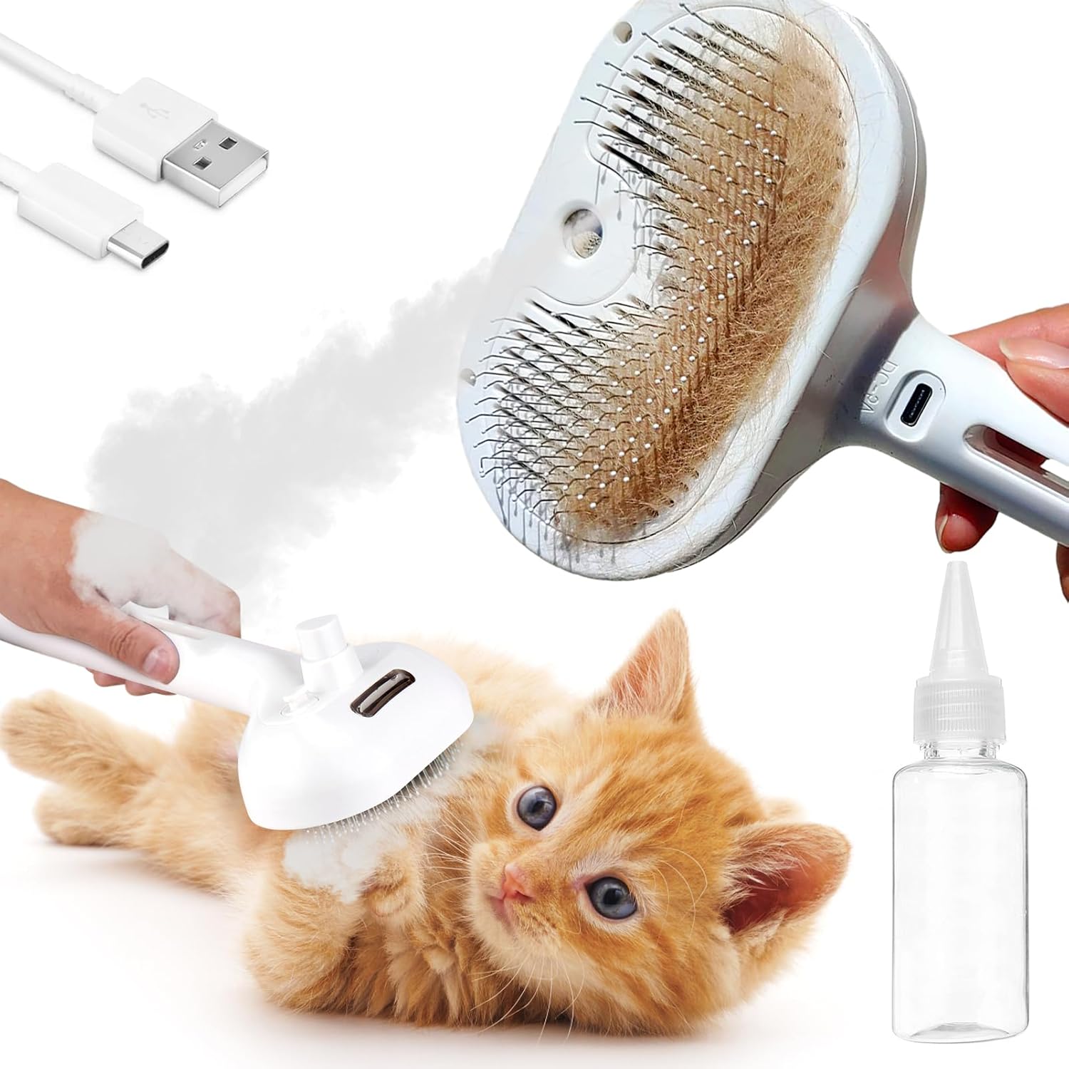 Spritz Defur 3-in-1 Rechargeable Cat Grooming Brush – Steamy Hair Cleanser with Release Button, Self-Cleaning Electric Steamer, USB Port