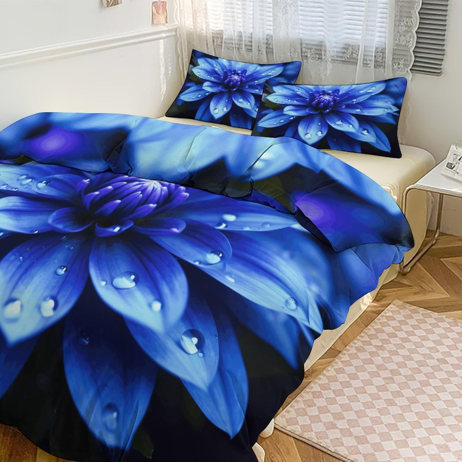 Couvre-lit et taie d'oreiller motif floral bleu pour maison et hôtel
