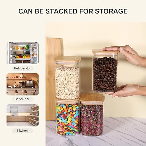 Miniatura 4 de Juego de 6 tarros de almacenamiento de vidrio, recipientes de almacenamiento de alimentos de vidrio transparente con tapas de bambú herméticas.