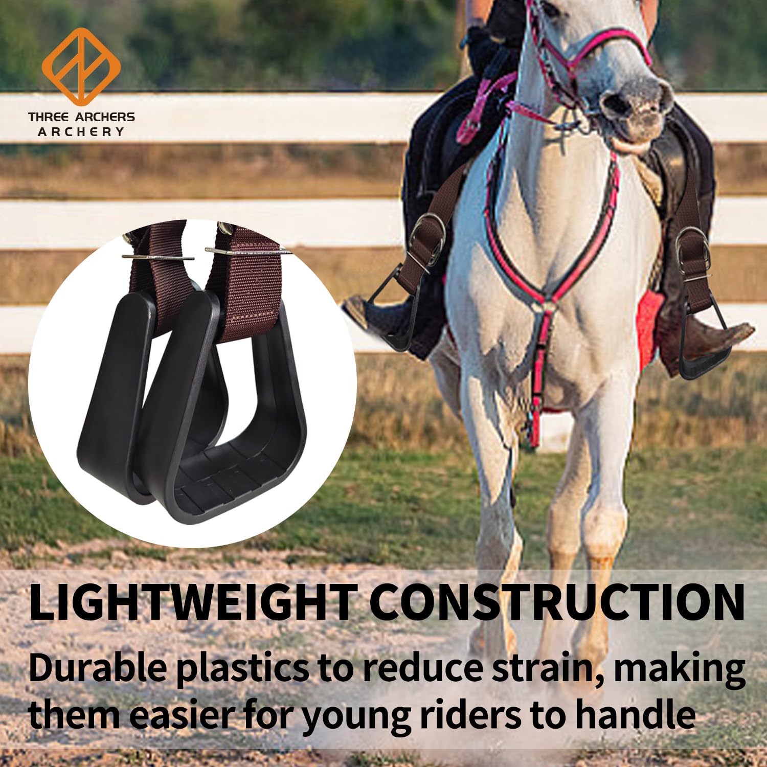 THREE ARCHERS Western Stirrups for Horse Riding - Heavy Duty Nylon Straps & Non-Slip Footbeds | Durable Plastic Equestrian Stirrups for Safety and Comfort | Western Horse Tack, Kids Riding Accessories