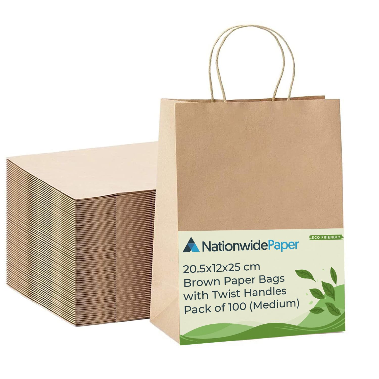 Nationwide Paper 100pcs Medium Brown Paper Bags, Party Bags, Gift bag DIY and Sweet bags with Strong Twisted Handles (20.5x12x25cm)