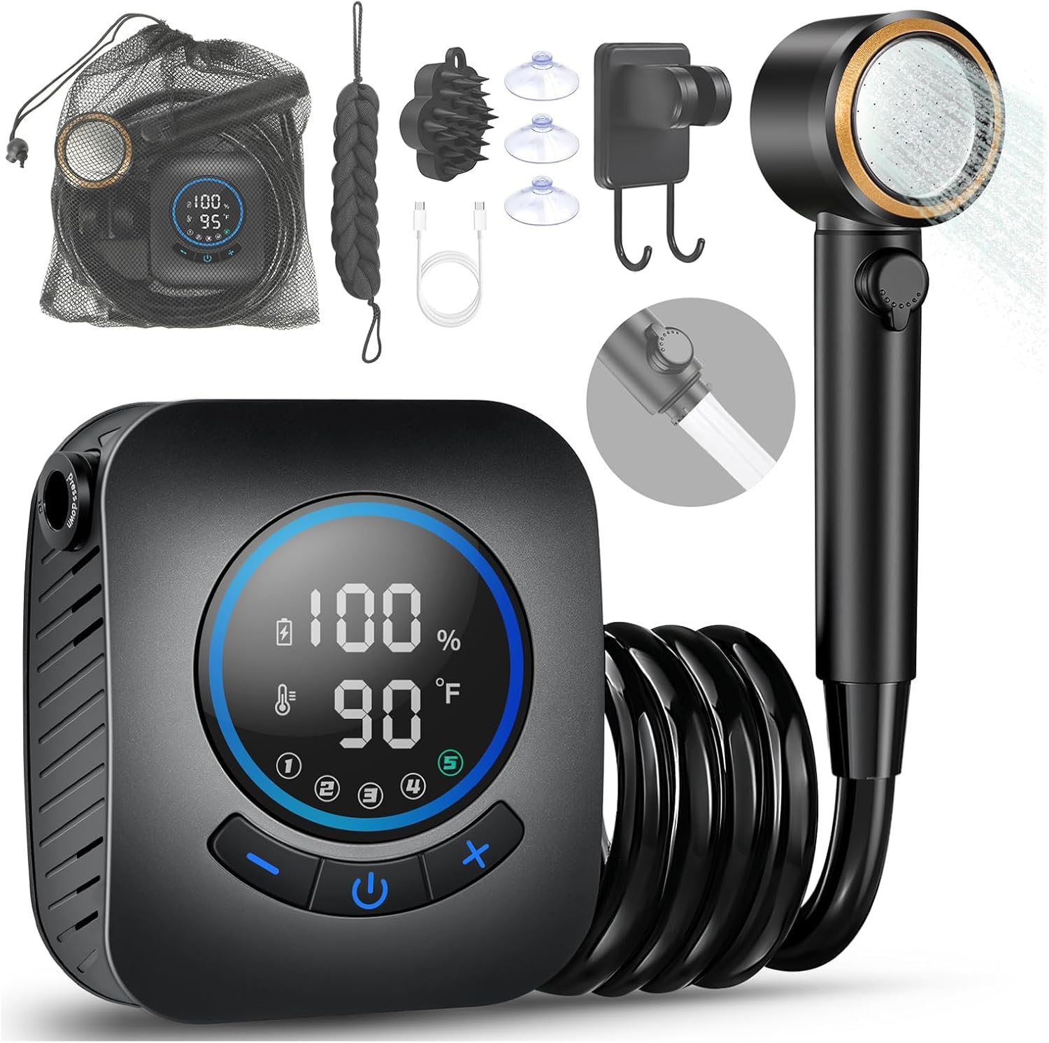 2026 Upgrade Portable Camping Shower, 8000mAh Outdoor Electric Shower Rechargeable Pump with Intelligent Digital Display Temperature Display Shower Head for Camping, Hiking, Traveling Black Gold
