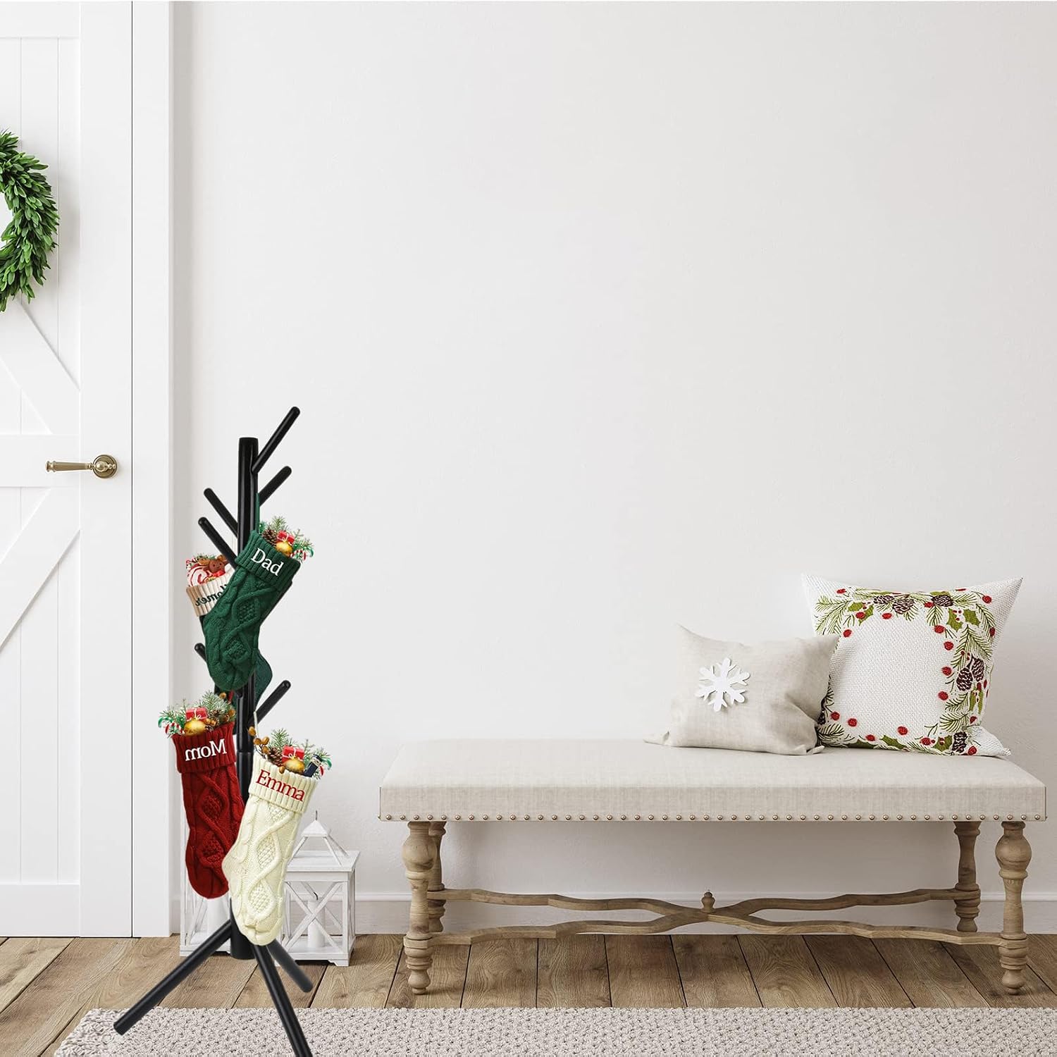 Christmas Stocking Holder Stand, Wooden Christmas Hangers Stand for Hanging Christmas Stocking, 8 Hooks Black