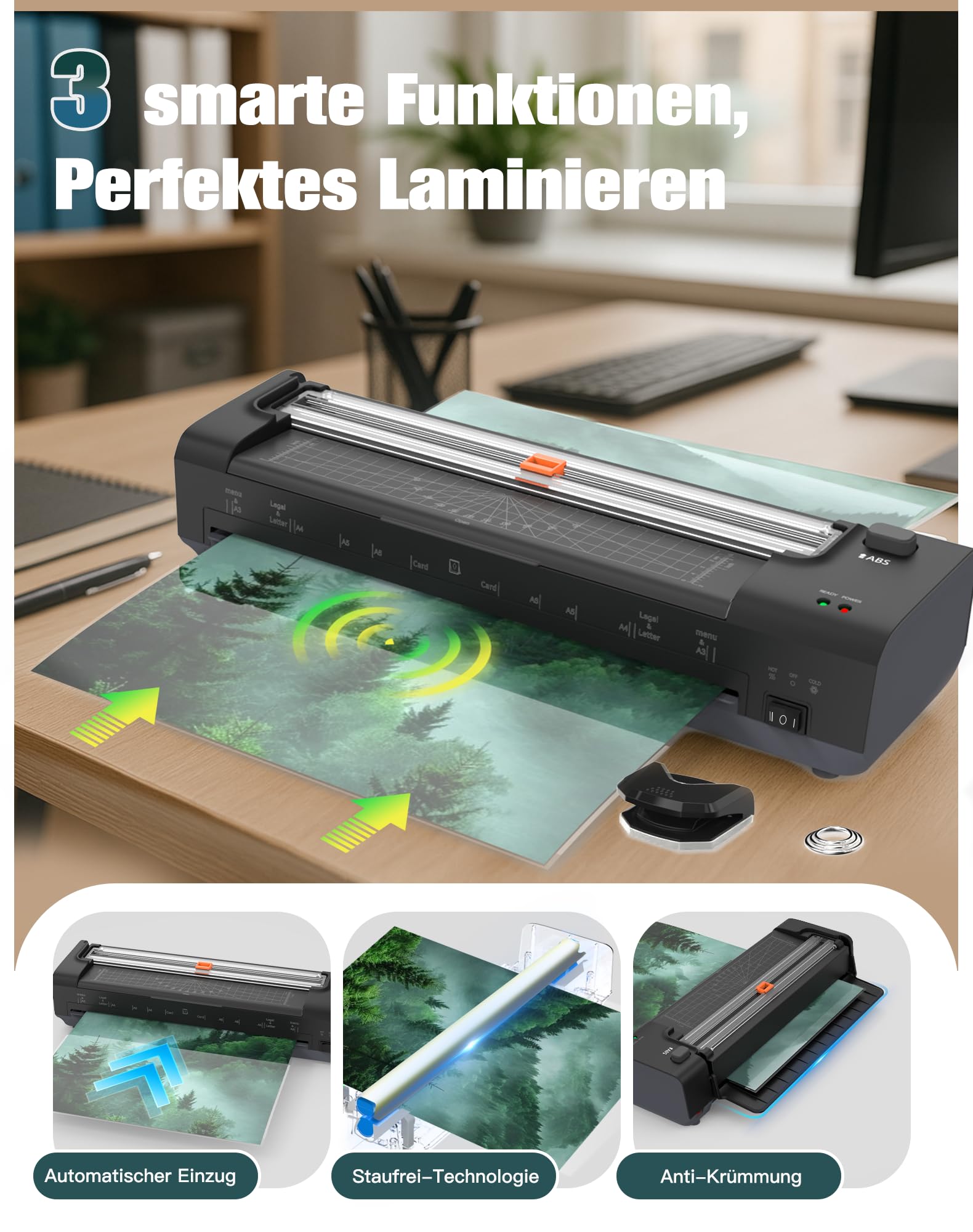 A3 Laminiergerät mit 20 Laminierfolien – Heiß und Kalt Foliergerät für A3 A4 A5 A6 mit Papierschneider und Eckenabrunder für Büro, Schule, Geschäft und Zuhause, Schwarz