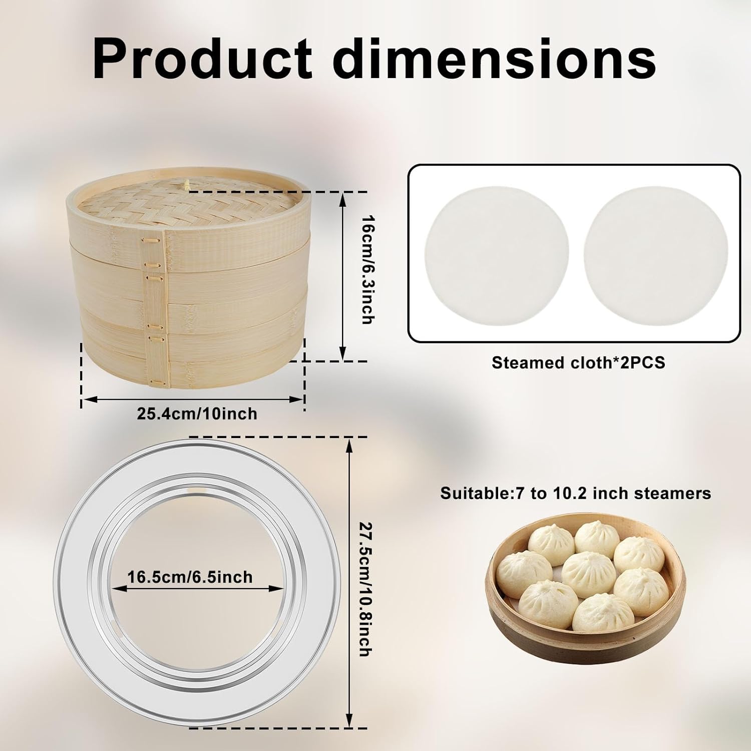 2 Tier Bamboo Steamer Basket, 10 Inch Bamboo Steamer, Versatile Wood Dumpling Steamers for Cooking Dim Sum, Momo, Rice, with Steamers Ring Set