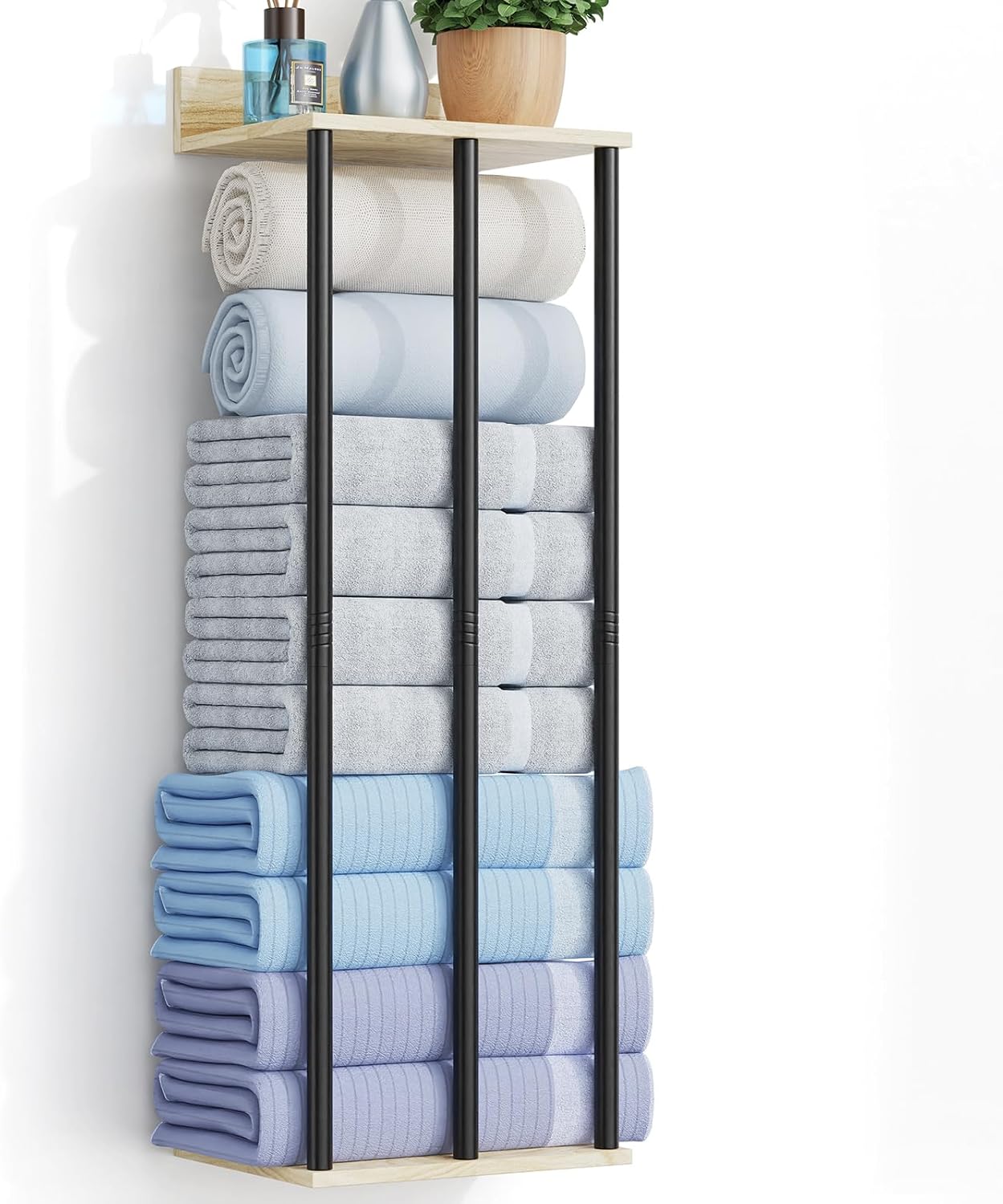 34 Inch Bathroom Towel Rack with Shelf – Modern Towel Holder for Bathroom Wall Mounted, Holds 6 Large Bath Towels, Rolled Towel Organizer for Bathroom, Laundry Room, and Small Space Storage