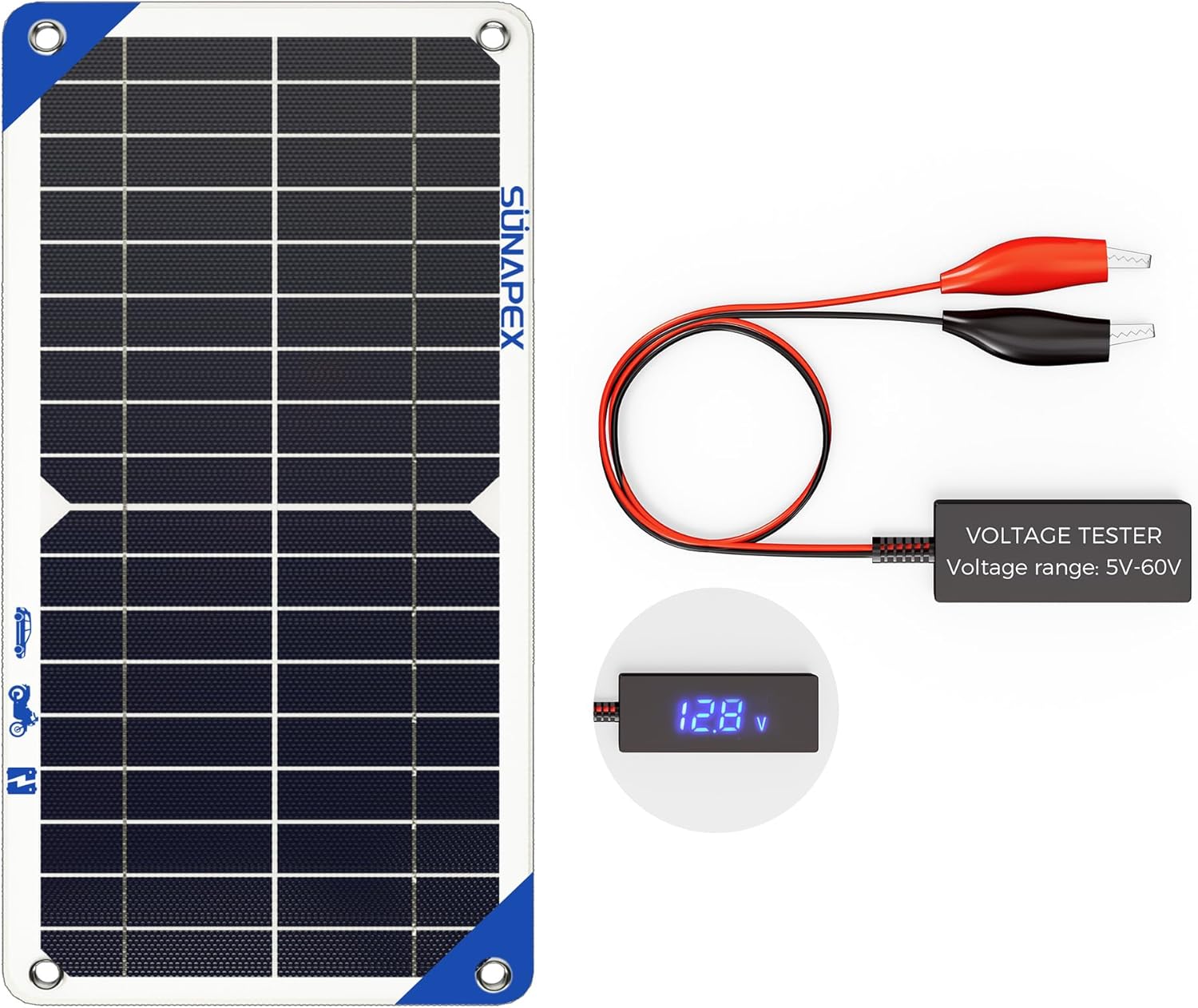 SUNAPEX 12 Volt Solar Battery Charger & Maintainer with Battery Voltage Tester(5-60V)