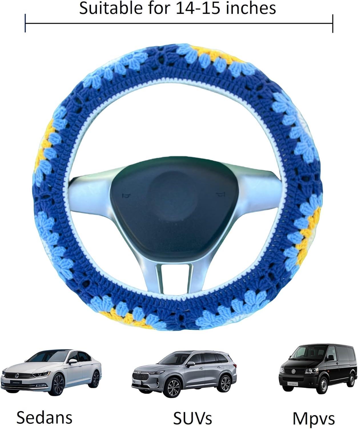 Crochet Steering Wheel Cover,Sun and Moon Granny Square Steering Wheel Covers, 14-15 inch, Universal fit，Boho Car Accessories，for Men, Women and Girly, Blue (Wheel Cover Set)