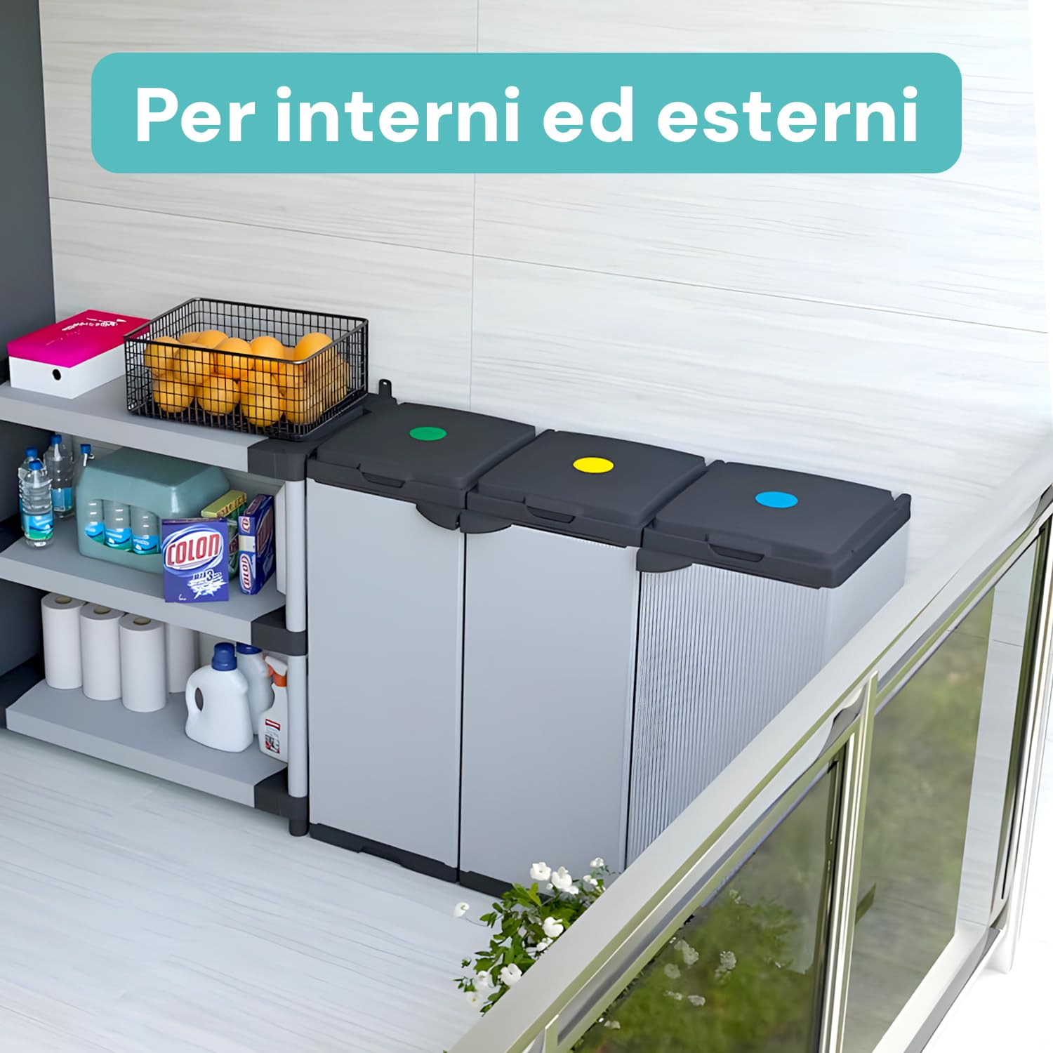 Avilia Mobile Portasacco Tris per Rifiuti 80L - Resina PVC Rinforzata, Resistente alle Intemperie, Ideale per Interni/Esterni - Funzionale per Raccolta Differenziata Domestica