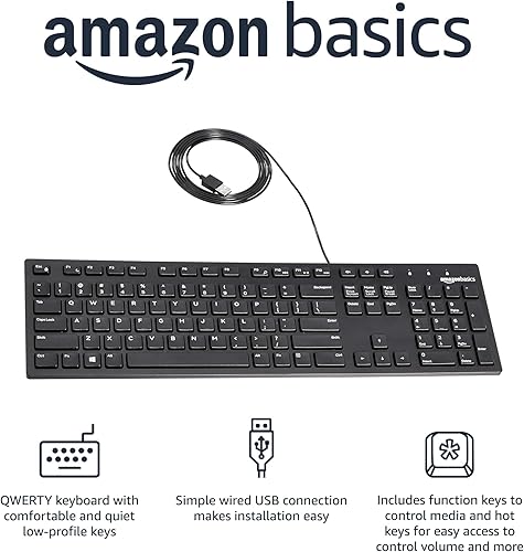 Miniatura 2 de Amazon Basics Teclado USB con cable de perfil bajo con diseño de EE. UU. (QWERTY), negro mate