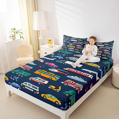 Miniatura 5 de Erosebridal Juego de sábanas de camioneta de policía para niños, sábanas de camión de bomberos, tamaño matrimonial, sábana bajera ajustable para