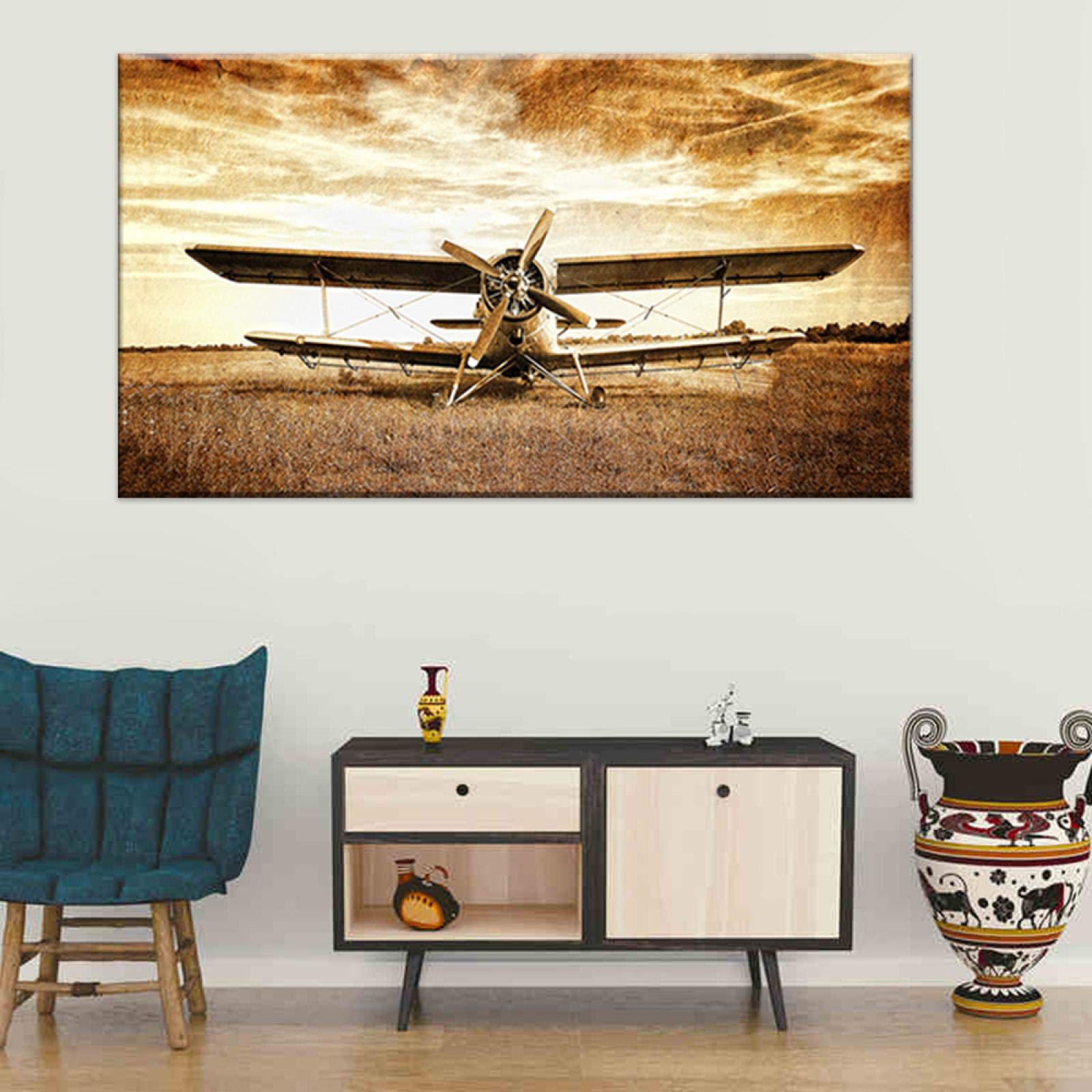 Toile Peinture Avion Vintage décoration murale HD châssis bois véritable art rétro 70x115
