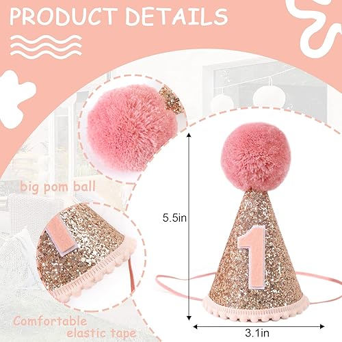 Miniatura 2 de Corona de primer cumpleaños de oro rosa y accesorios para aplastar pasteles, sombrero de fiesta para niñas, decoraciones de purpurina rosa