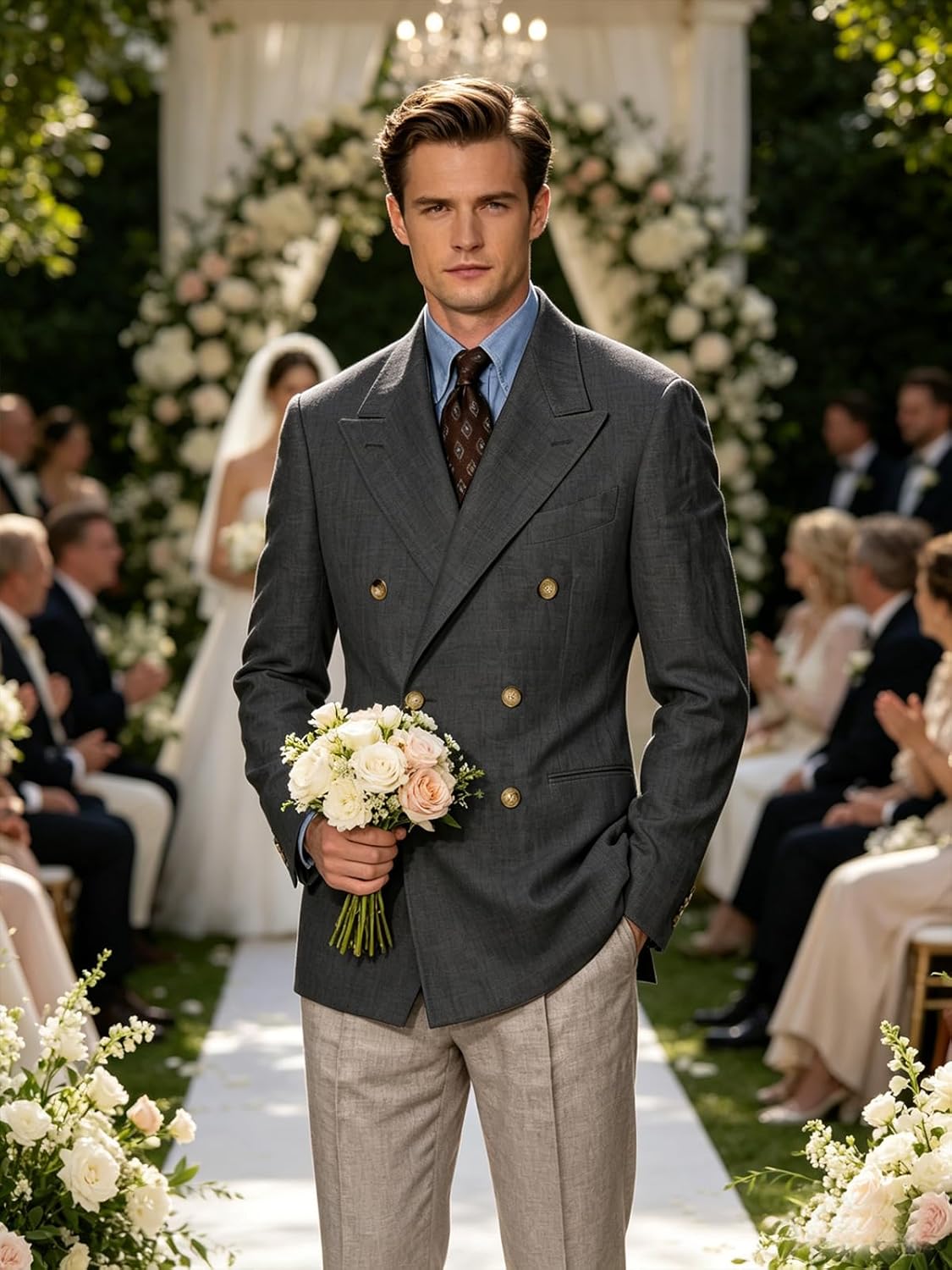 Men's Linen Blend Suit Jacket Double Breasted Classic Business Blazer Lightweight Breathable Summer Office Work