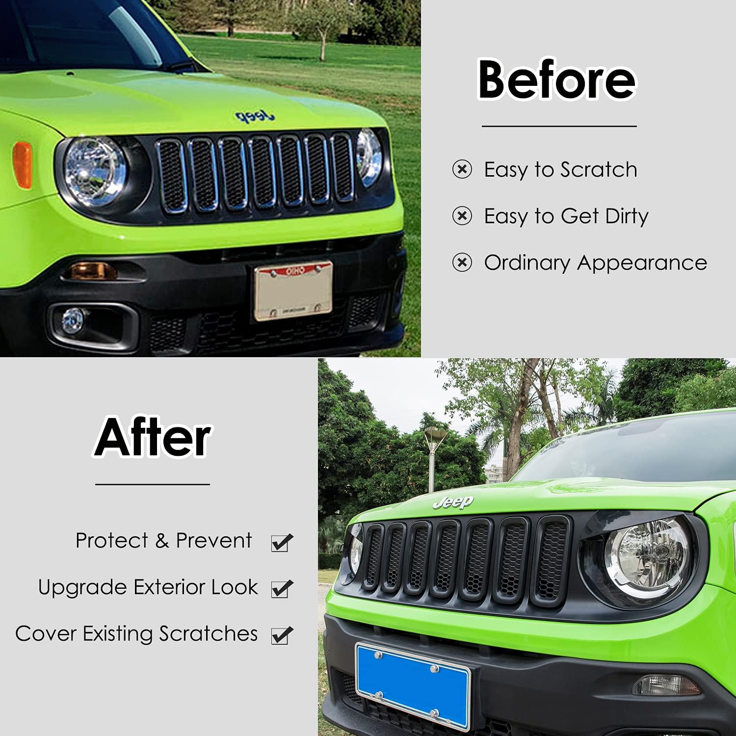 Grill Inserts, Front Grille Guard Cover Trim Fit for Jeep Renegade 2015 2016 2017 2018 (7 Pack)