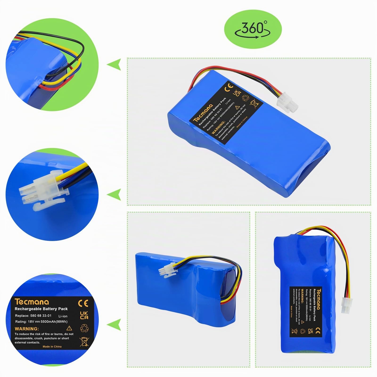 Batterie de rechange 18 V 5500 mAh pour robot tondeuse Husqvarna Automower 320, 330X, 420, 430, 430X, 440, 450X, 520, 550, pour robot tondeuse 580 68 33-01,580 68 33-02