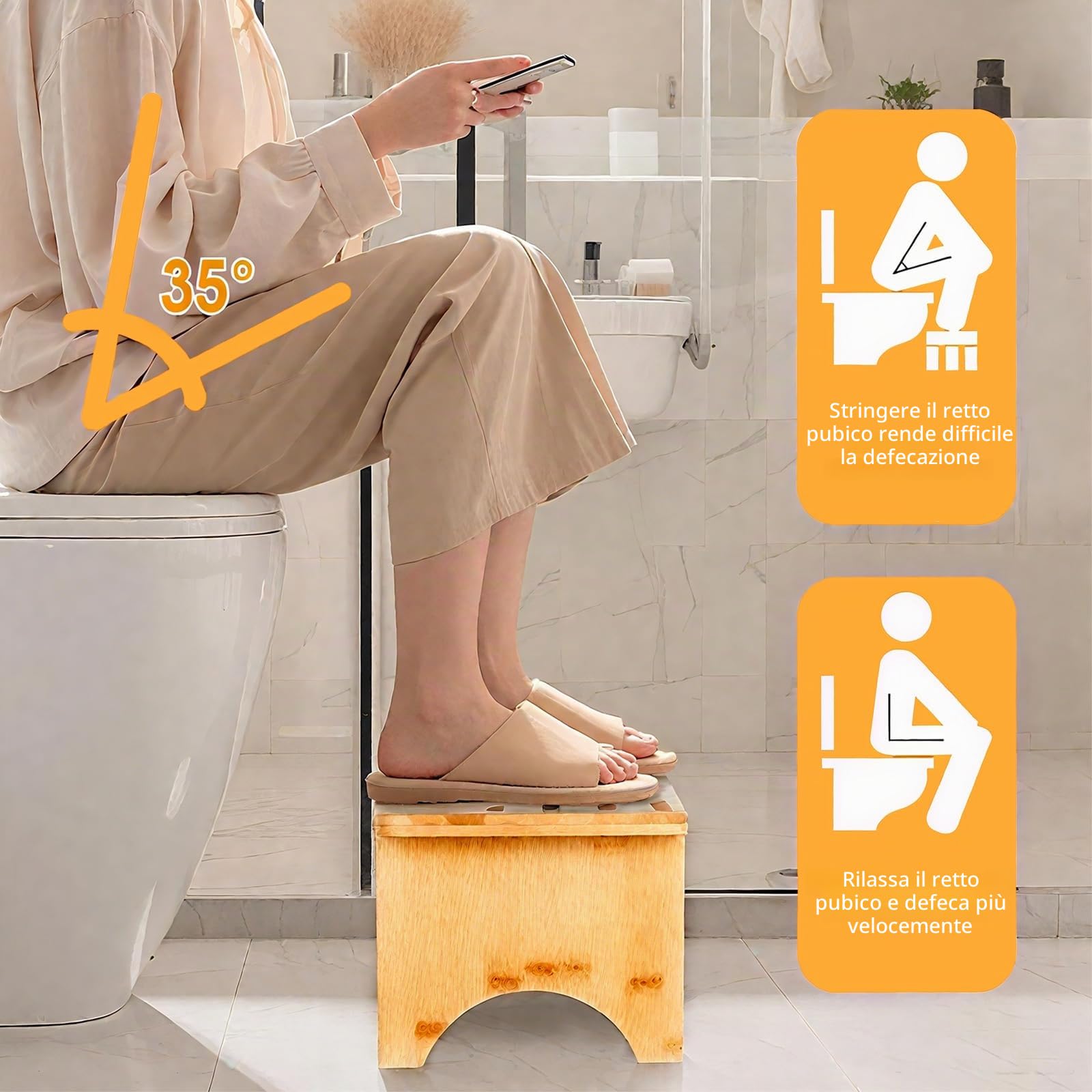 Sgabello da Bagno Fisiologico in Legno, Sgabello WC Pieghevole in Bambù Sgabelli a Forma di C Resistente a 35 Gradi