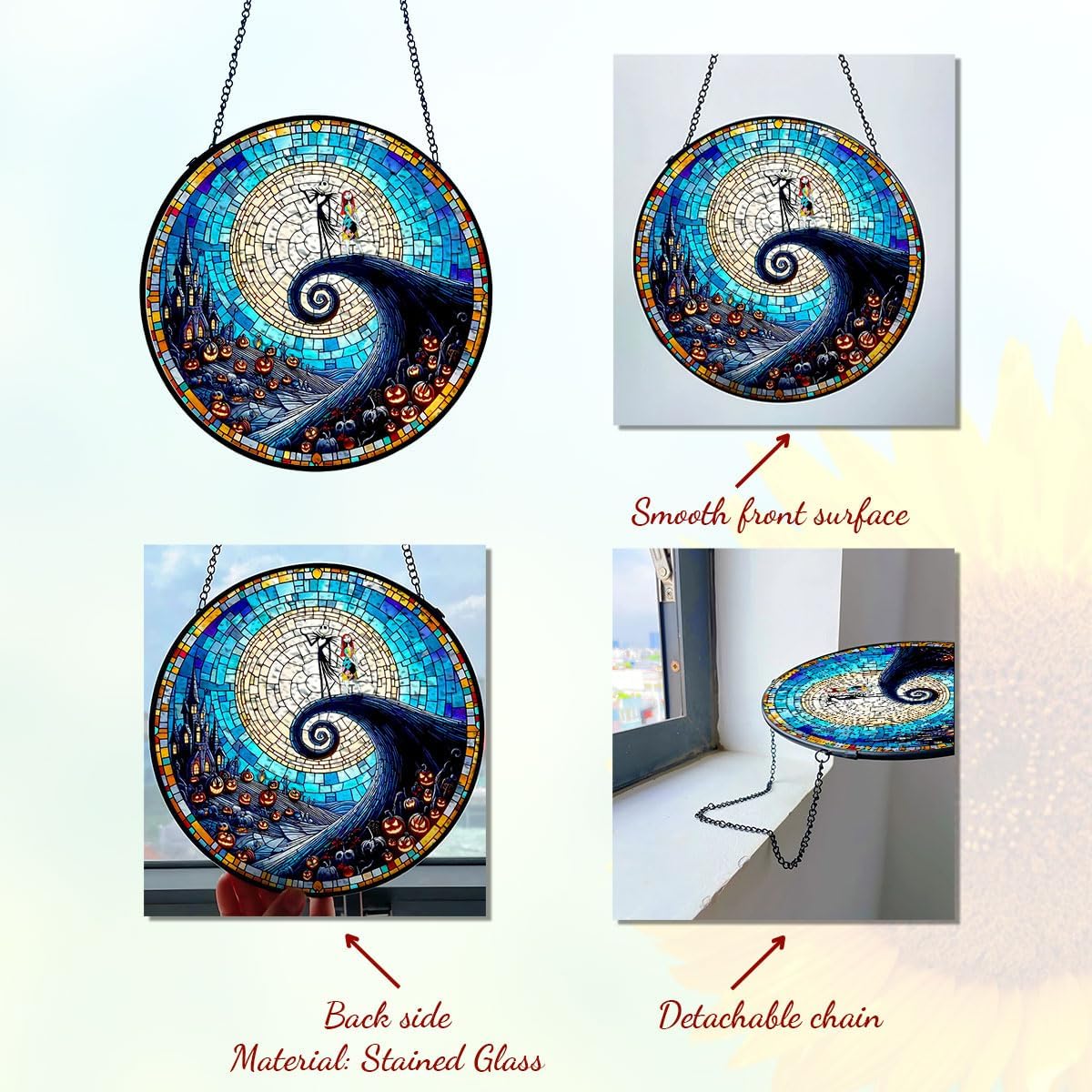 GENANY Spooky Stained Glass Window Hanging, Spring Sun Catcher with Metal Chain and Hook, Romantic Gifts for Women Friends Family, Garden Decor, Housewarming Gifts, Outdoor Decor