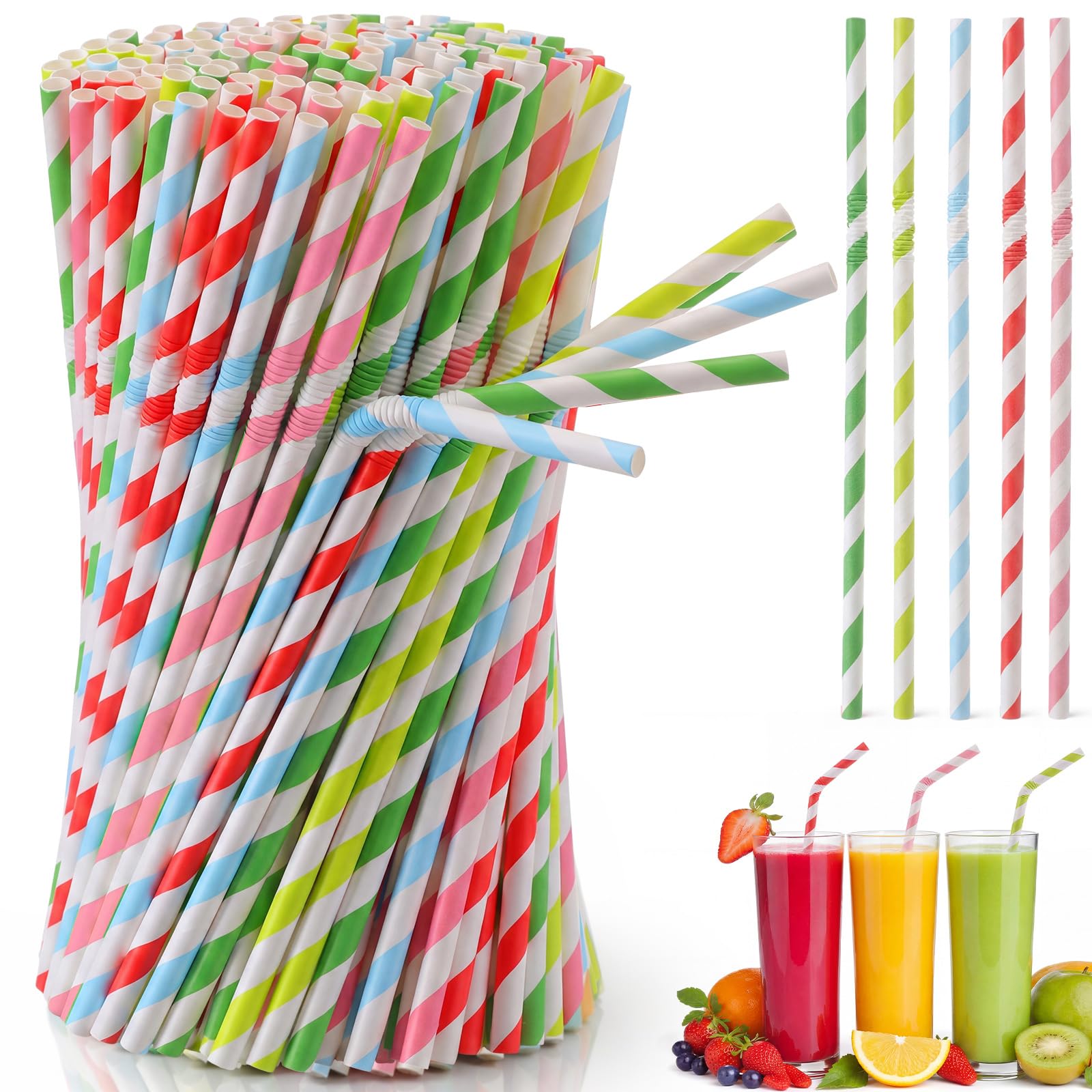 500 Pcs Paper Drinking Straws, Colorful Bendable Striped Straws 7.9"