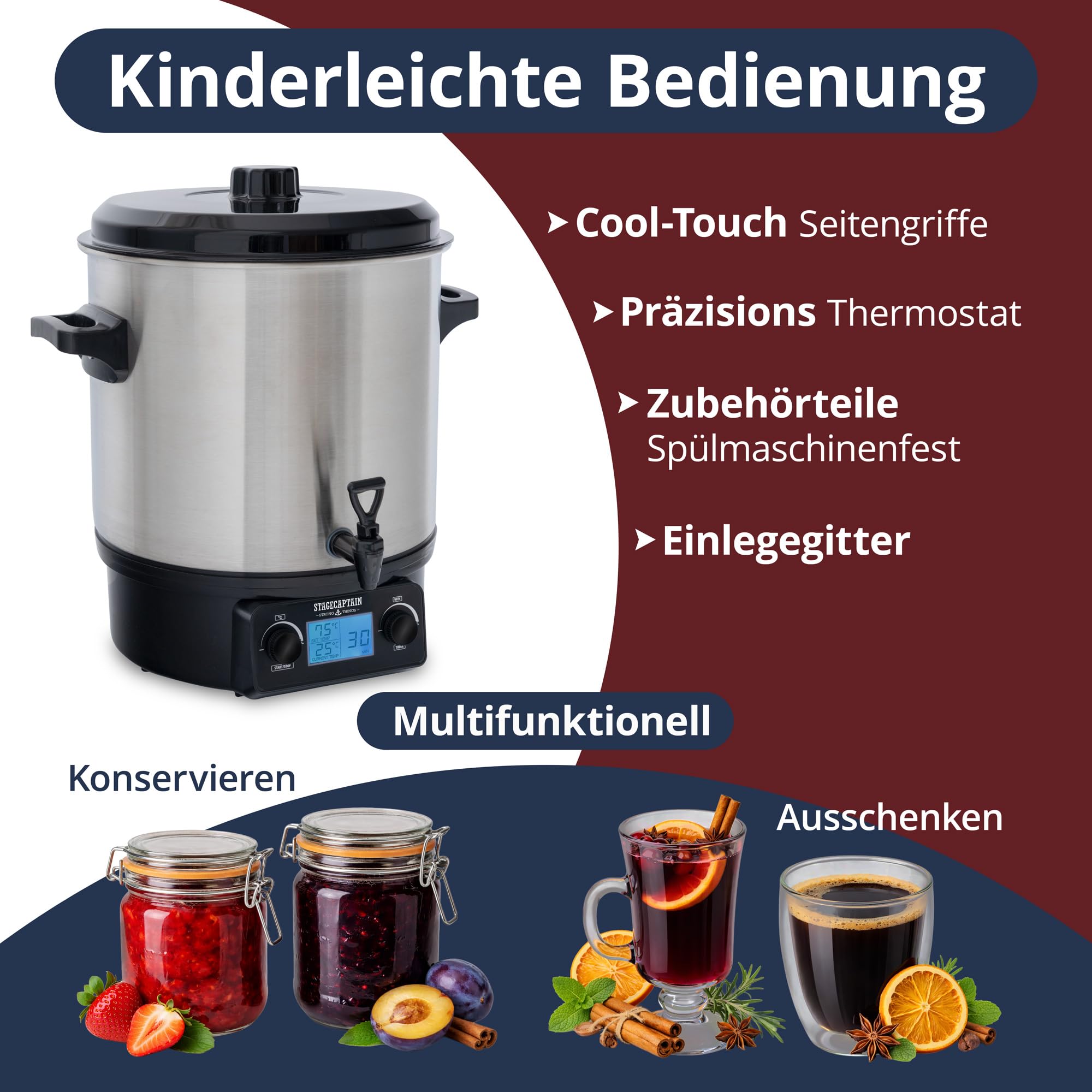 Stagecaptain GWK-27D Glühweinkocher - Digitaler Einkochautomat mit 27 Liter - LCD-Anzeige - 2000 Watt - Edelstahl - Einfache Bedienung (Temperatur und Zeitschaltuhr) - Abschaltautomatik - Silber