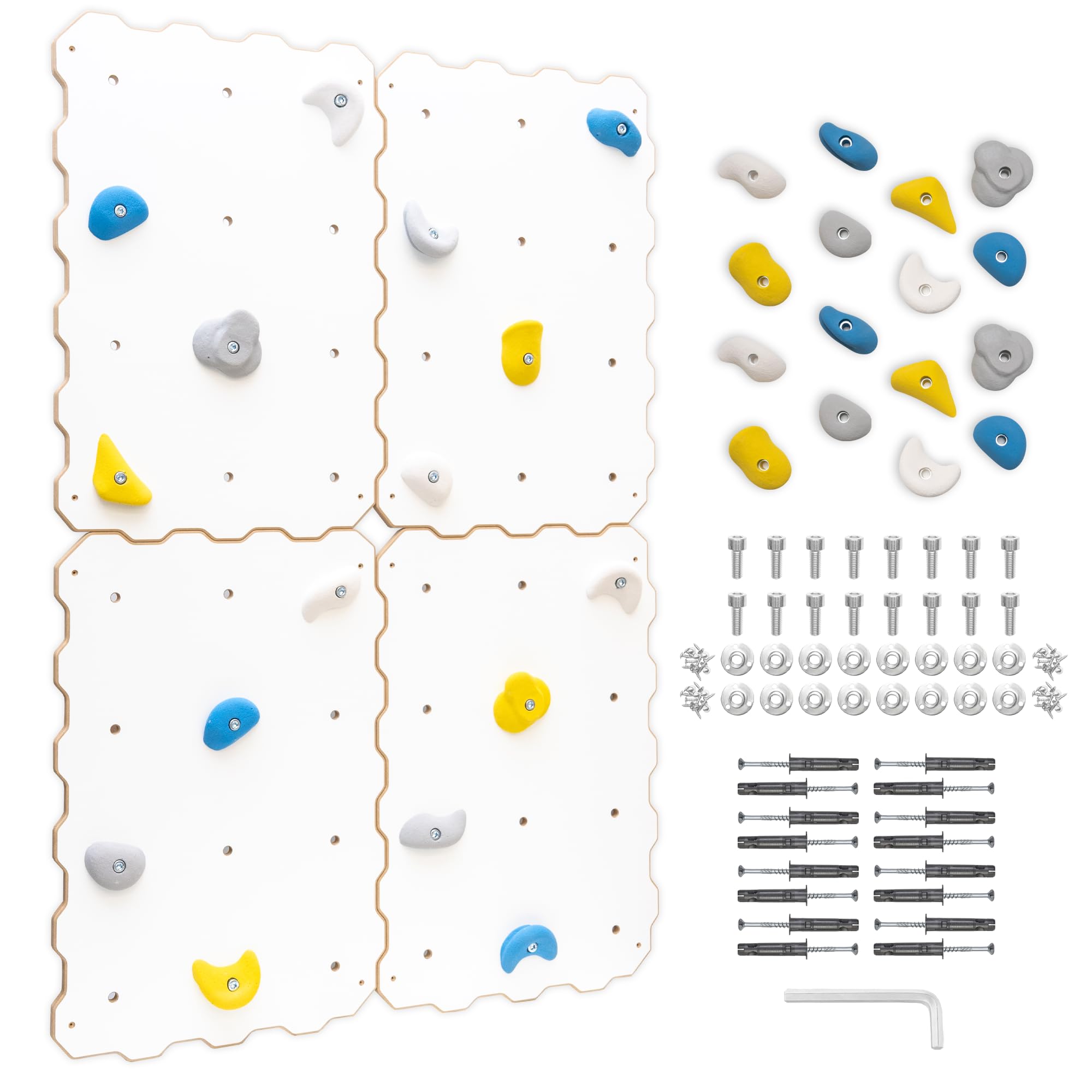 MAMOI® Indoor climbing wall with holds, 4 modules, modern climbing wall for room, white wood-based board, climbing set for assembly