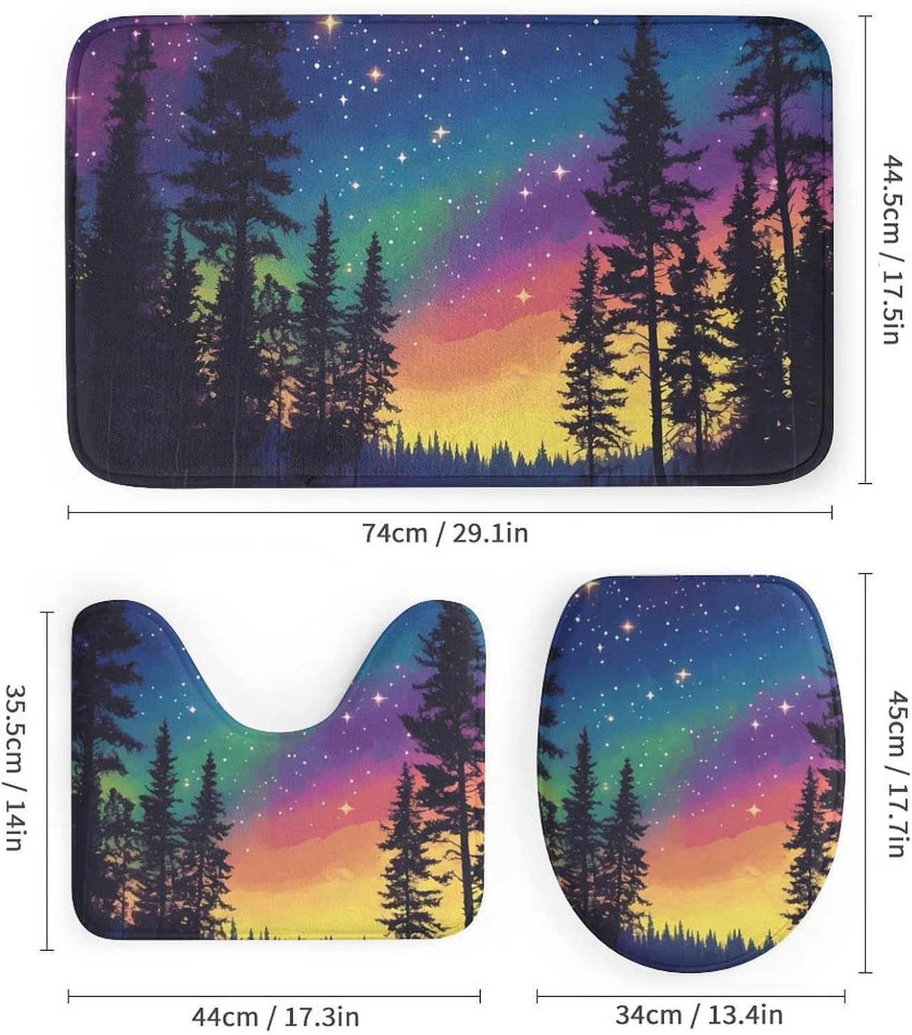Colorful Aurora Starry Sky Lake Modern Bathroom Sets with Shower Curtain and Rugs Decor 4 Pcs with 12 Hooks