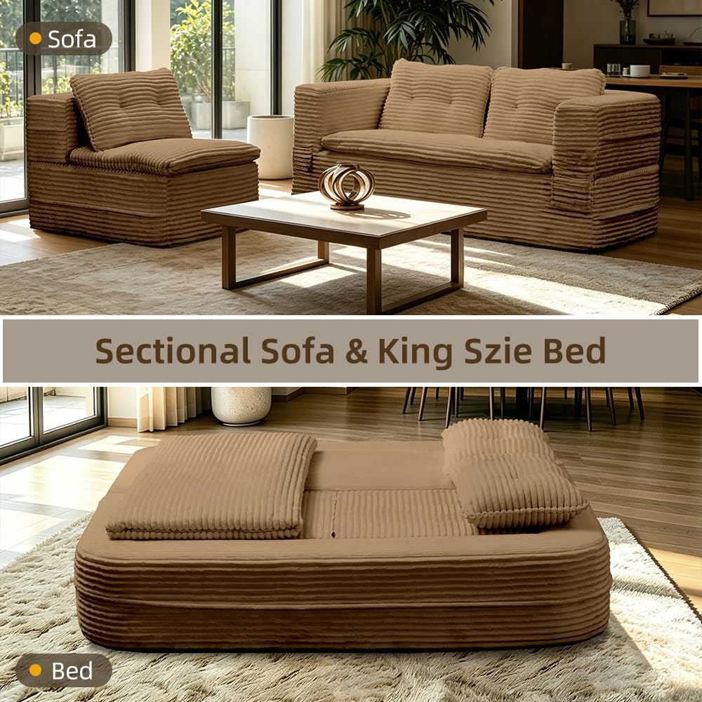 Image showing the Polibi Convertible Sofa Bed in both sofa and king-size bed configurations.