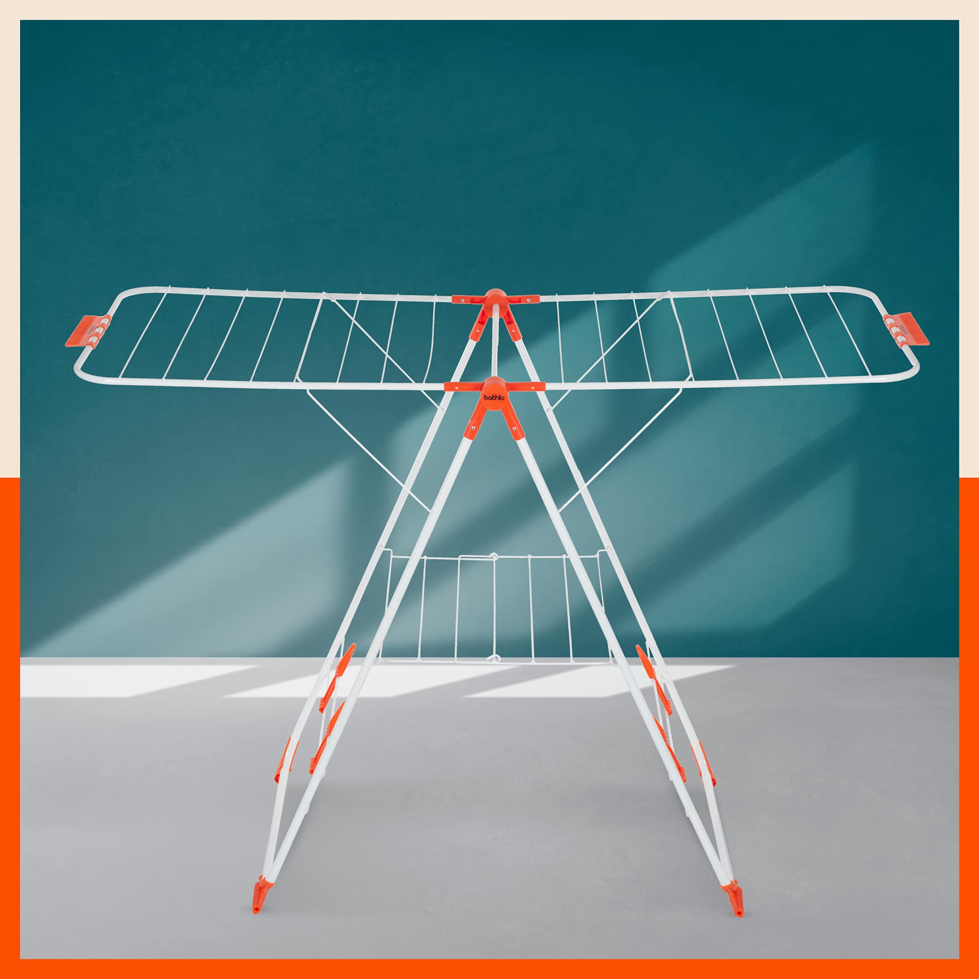 Bathla Foldable Clothes Drying Stand - Neo | 26 Drying Rails - 45 Feet Drying Length | Lightweight, Alloy Steel | Bright Orange | 2 Year Warranty