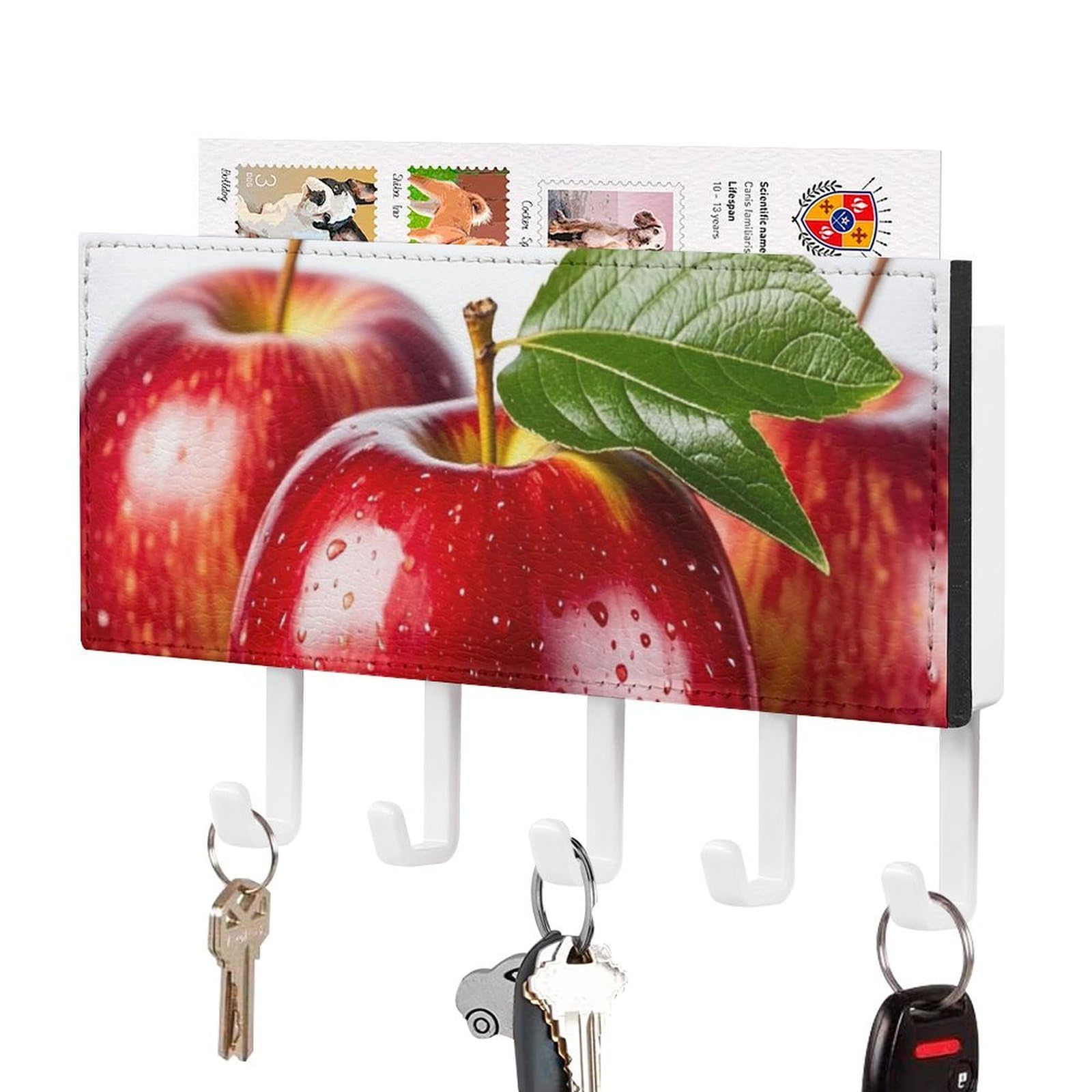 FekiLoot Red Apple Fruit Key Holder Wall Mount Key Hanger with 5 Hooks Decorative Key Rack Hanging Key Hooks with Mail Organizer Key Holder for Wall Living Room Kitchen Bathroom Hallway White