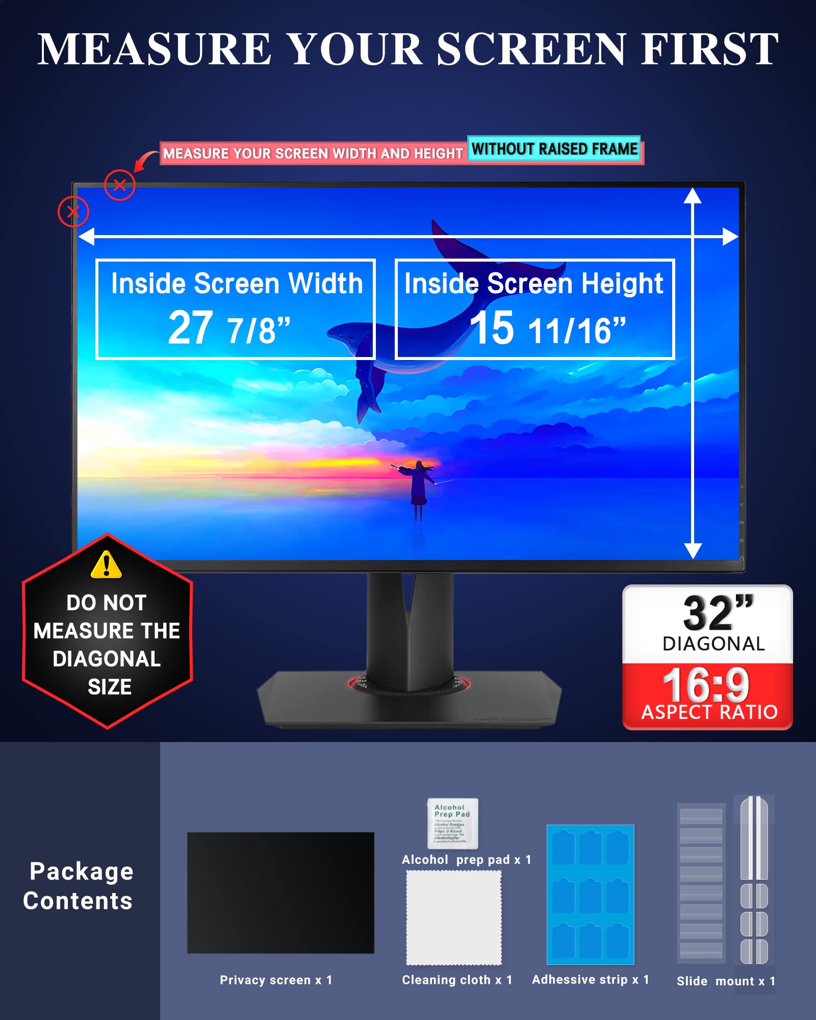 PYS Pantalla de privacidad de 32 pulgadas para monitor de computadora de pantalla ancha 16:9, protector de filtro de pantalla fácil de quitar, antirreflejos y luz azul, película protectora