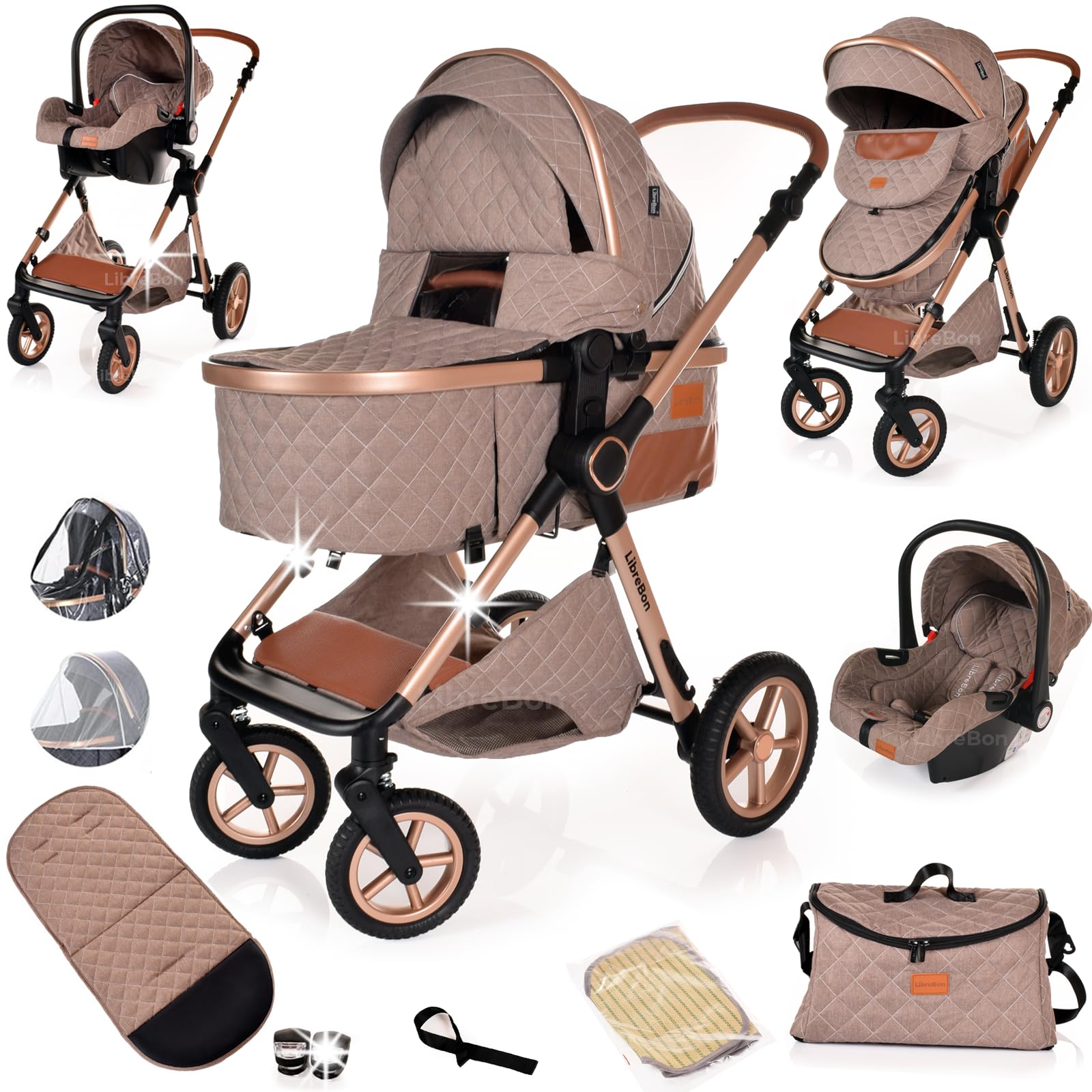 – Baby Buggy Pram Pushchair Stroller 3 in 1 Child Lightweight Folding Stroller 3 in 1 Travel System Pram for Newborns & Toddlers from Birth Aluminum (Beige - Rose Gold Frame)