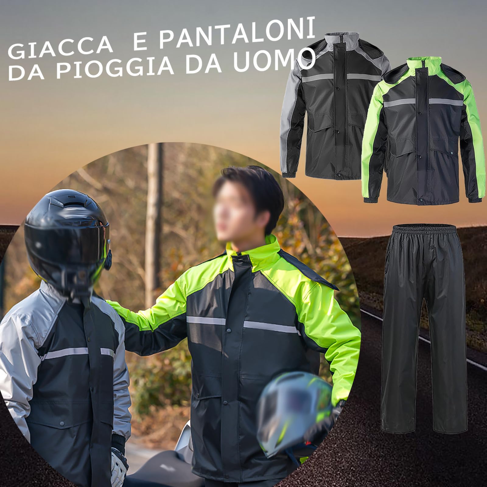 Tuta antipioggia da uomo, impermeabile, traspirante, 2 pezzi, riflettente, giacca e pantaloni antipioggia, leggera, sottile, per bicicletta, moto, ciclismo, escursionismo
