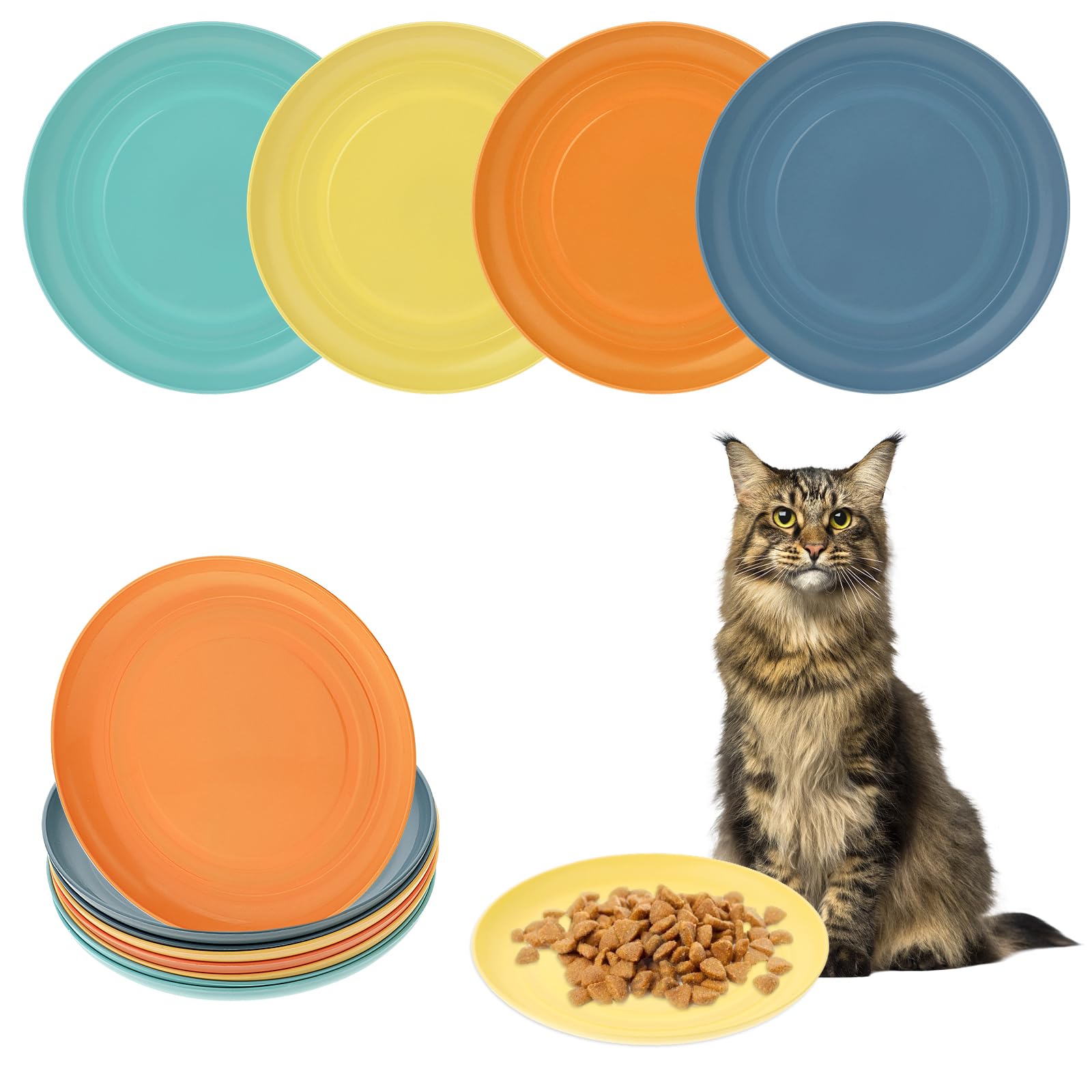 simarro 8 cuencos de comida para gatos, planos, de plástico, multicolor, para gatos, comederos para gatos, color azul, verde, naranja, amarillo, para gatitos y gatos de patas cortas