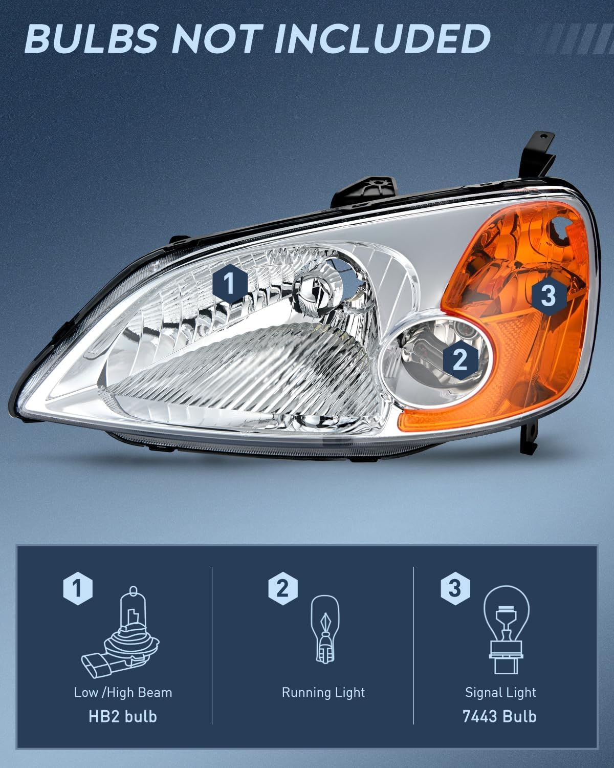 Nilight Headlight Assembly Compatible with 2001 2002 2003 Honda Civic Headlamps Replacement Chrome Housing Amber Reflector Upgraded Clear Lens Driver and Passenger Side