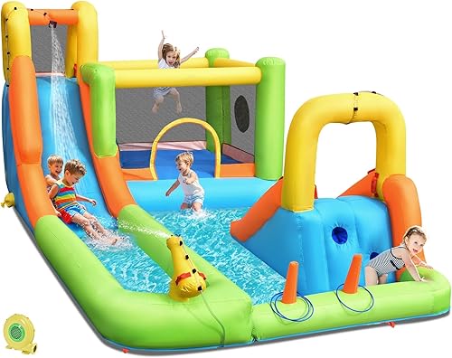 OLAKIDS Tobogán acuático inflable, casa de rebote 7 en 1 con 2 toboganes de escalada de pared, piscina de 2 columnas de anillo, pistola de agua,
