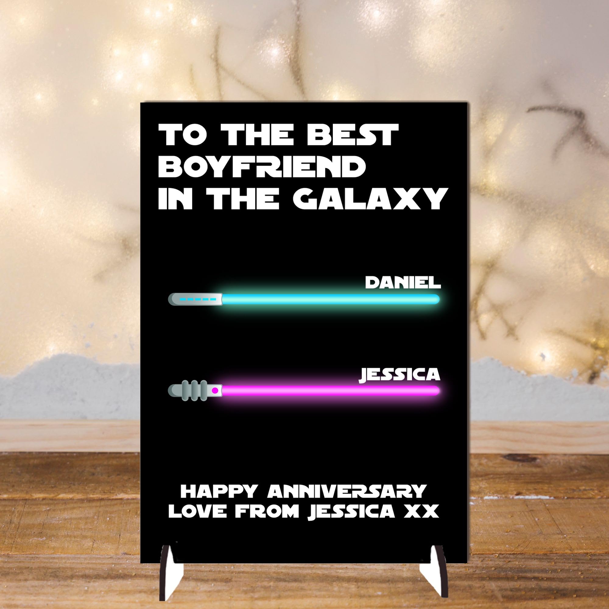 Personalised Best Boyfriend in the Galaxy - Customised Lightsaber Design - Idea for Anniversaries, Special Occasions, or Celebrating a Birthday For Him (Galaxy, Mdf Wood Indoor Use Only)