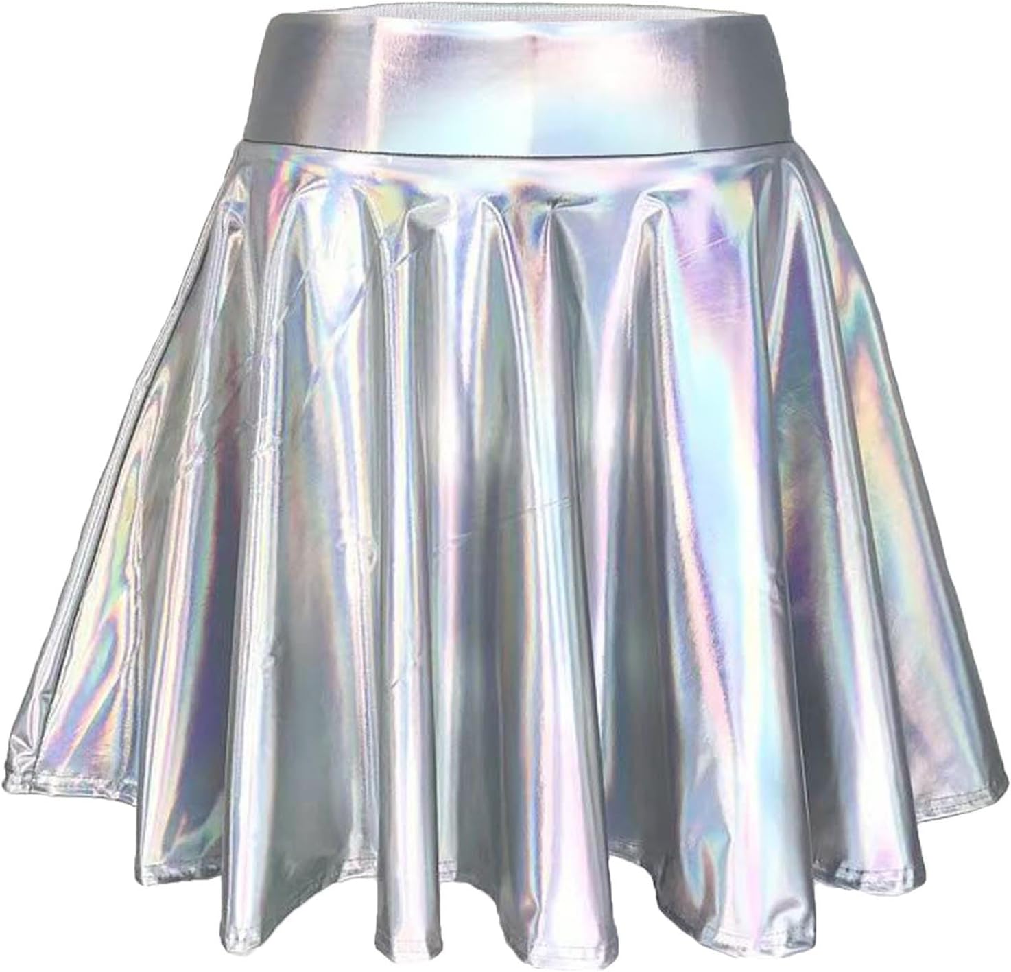 Holographic Skater Skirt Women Shiny Metallic Flared A Line Mini Apparel | Wide Elasticized Band, Liquid Laser Sheen Fabric Texture, Music Festival Rave Clubwear Night Out Attire, Hand Wash