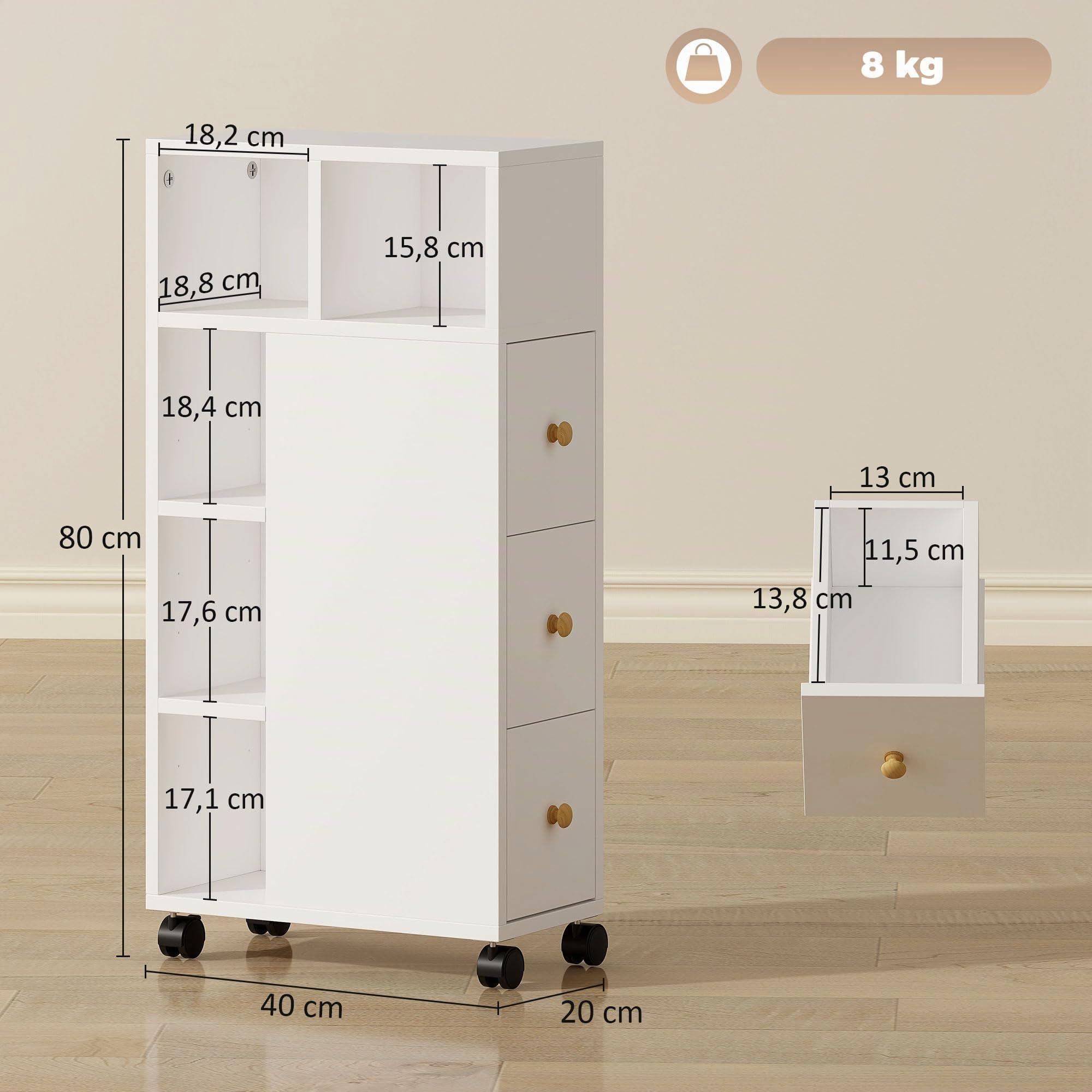 HOMCOM Meuble de Salle de Bain étroit avec 4 roulettes 20x40x80 cm Blanc
