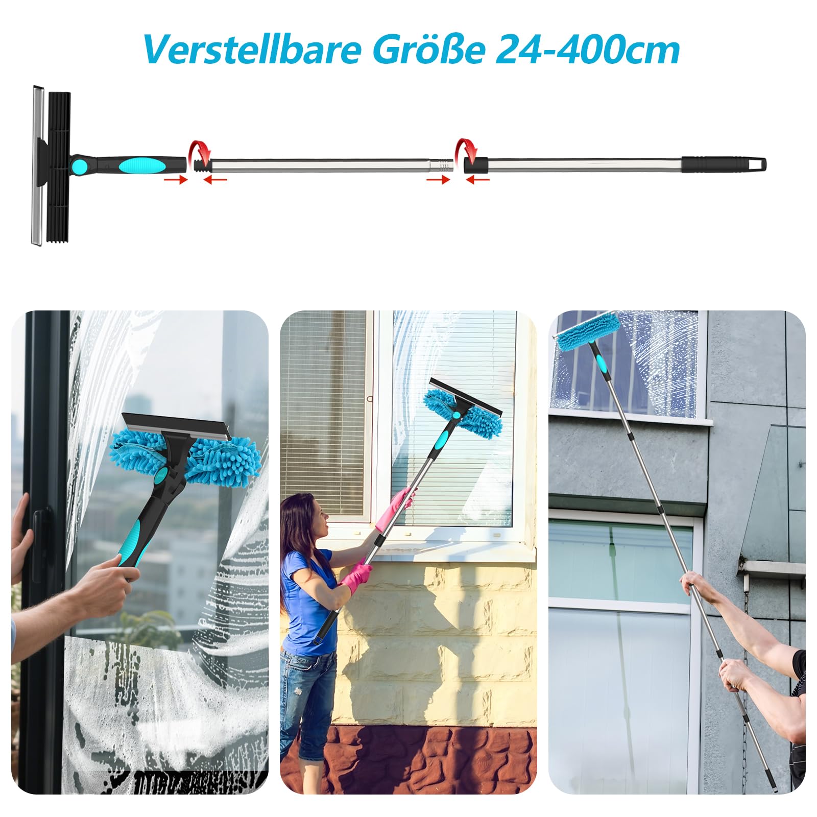 4 w 1 Teleskopowy zestaw wycieraczek do szyb, 24 cm ~ 390 cm Zestaw do mycia szyb z dodatkowo długą rękojeścią, 1 pyłkozbieraczem, 3 szczotkami z mikrofibry i 2 gumowymi skrobaczkami do wysokich szyb