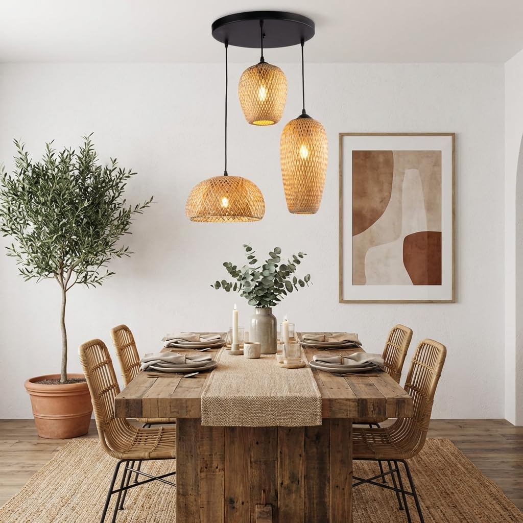 BARCELONA LED Lámpara Colgante Triple de Mimbre y Bambú Natural Base Metálica Negra, Estilo Nórdico y Japonés, 3xE27, Iluminación Cálida para Salón, Comedor o Restaurante