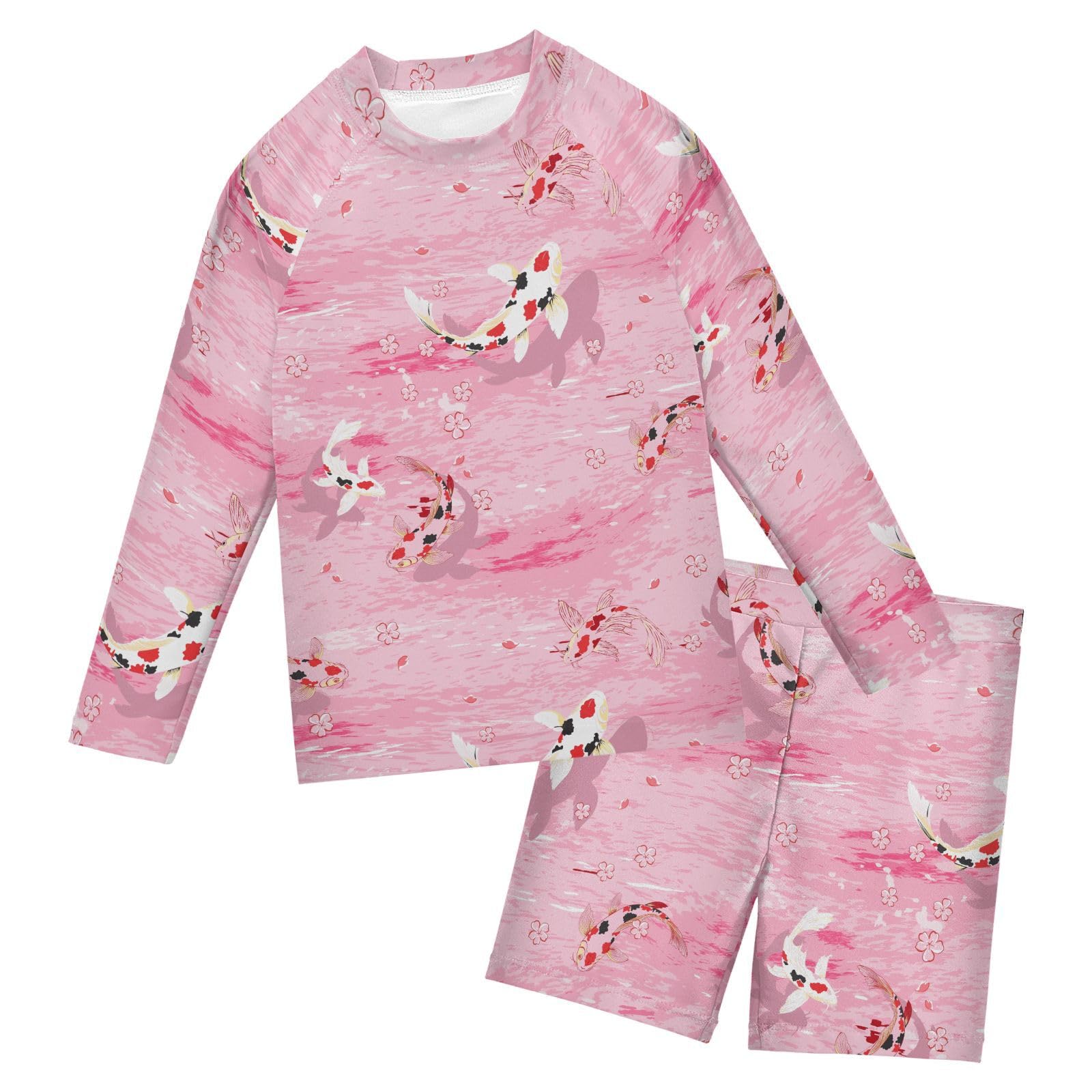 Aflyko Boys Girls Rash Guard Set Pinks Japanese Koi Flower Swim Outfit Pollover Bathing Suit Fishing Sun Shirt Quick Dry Kids Swimming Surfing Shorts, 9-10T