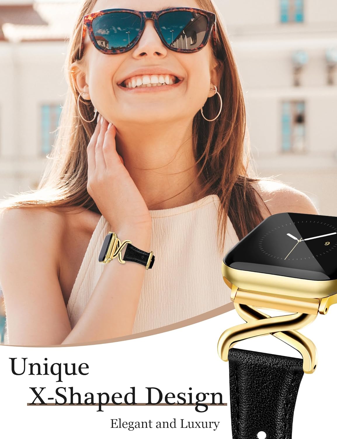 JR.DM Leather Bands Women Compatible with Apple Watch 40mm 38mm 44mm 45mm 41mm 42mm 46mm 49mm Fancy Elegant Strap with X-Shaped Metal Crown for iWatch Series Ultra/SE/11/10/9/8/7/6/5/4/3/2/1 Black - Image 3