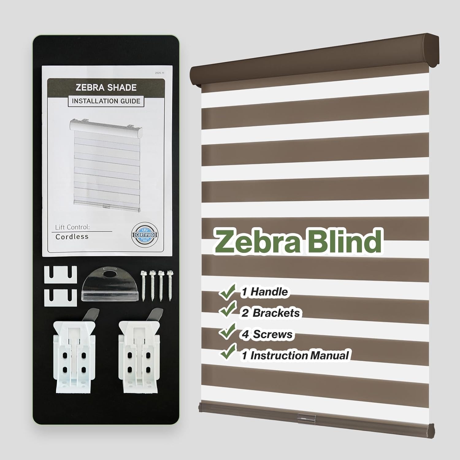 Cordless Zebra Blinds, Ash Custom Size, Dual Layer Roller Shades Inside Outside Light Control for Door Window