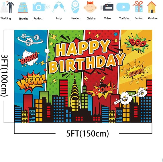 5x3ft Cartoon Super City Backdrop Superhero Birthday Theme Decoration Banner for Children Boys Heros Comic Party Decorations Urban Cityscape Night View Boom City Buildings Background